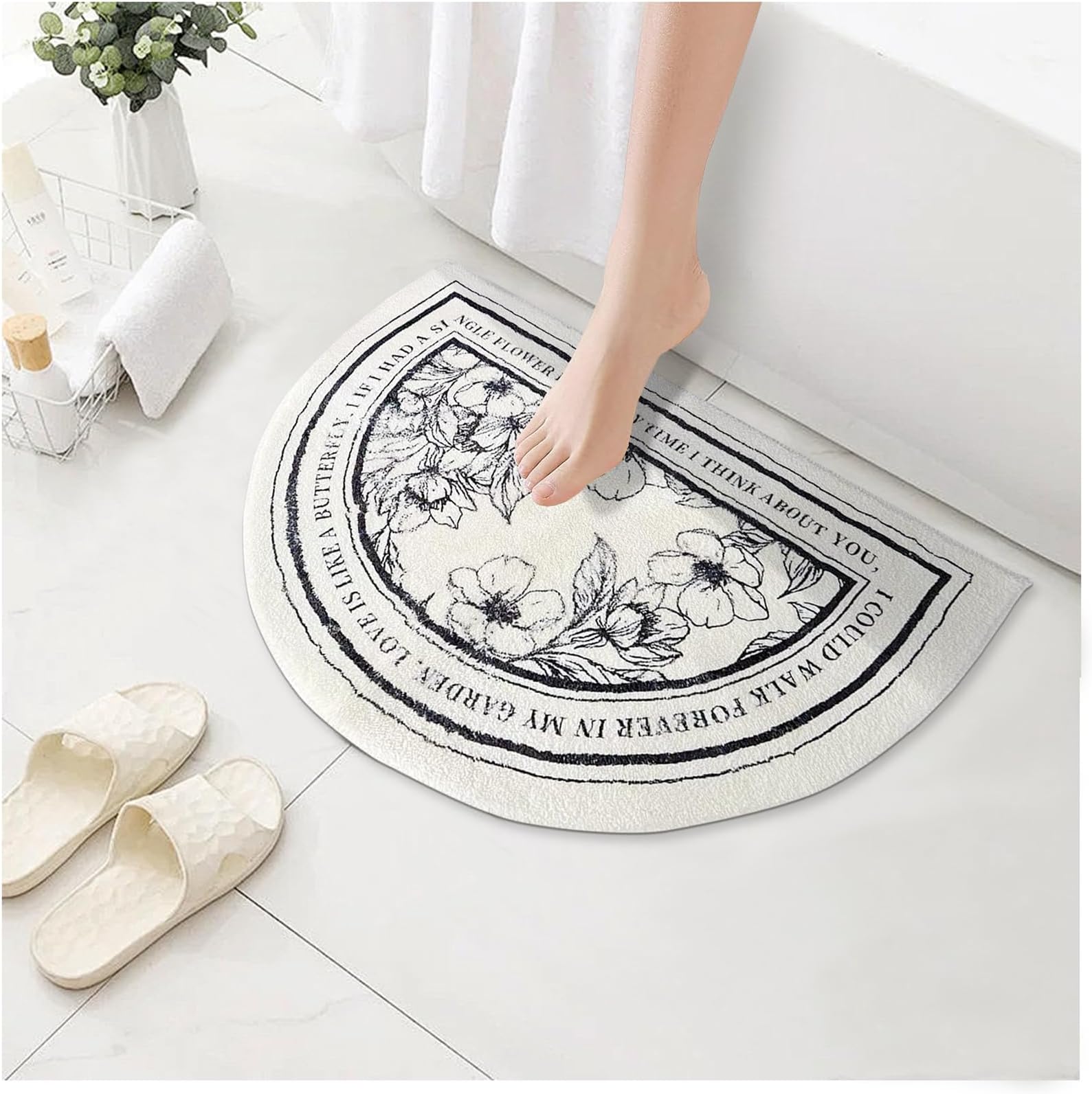 Jizrecly Boho Half Circle Bath Mat, Floral Semi Circle Bath