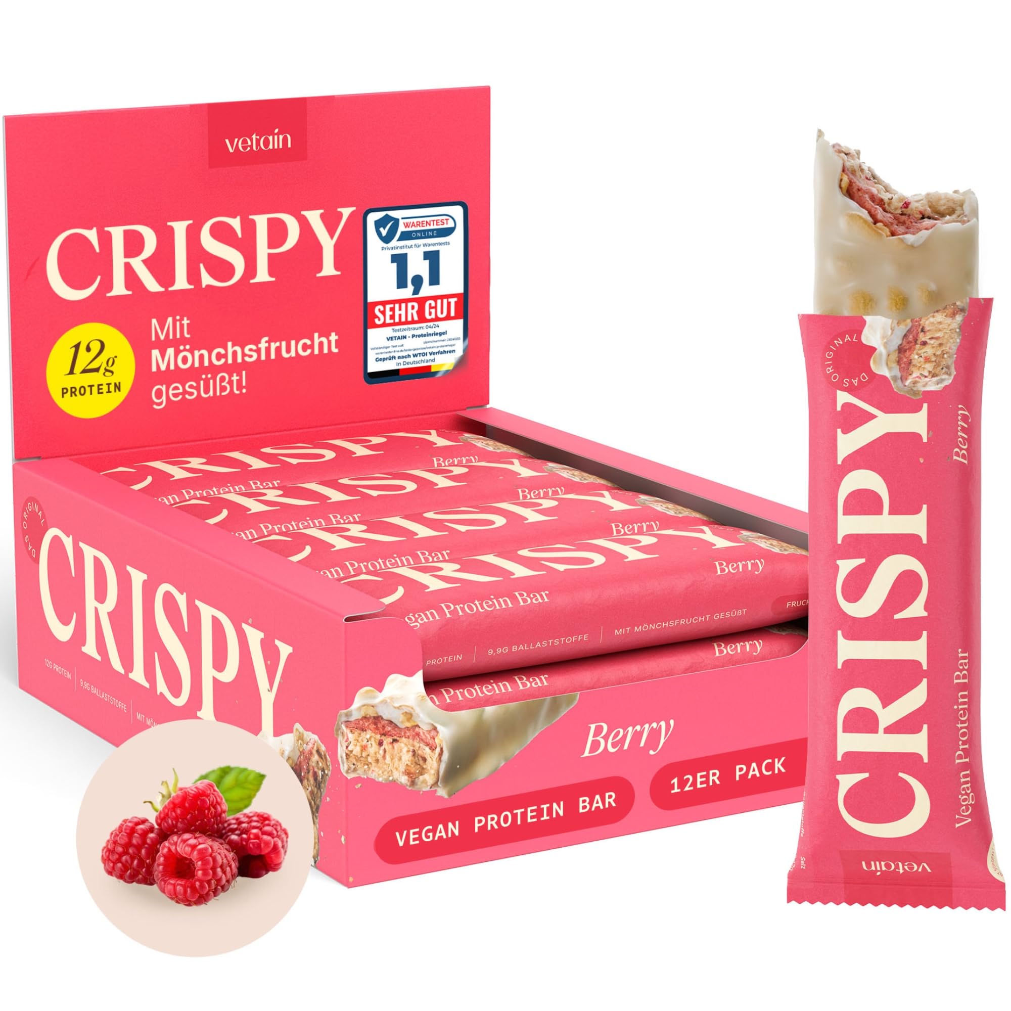 VETAIN Protein Riegel Vegan | Crispy Berry - 12g Protein pro Riegel - 55 g Riegel