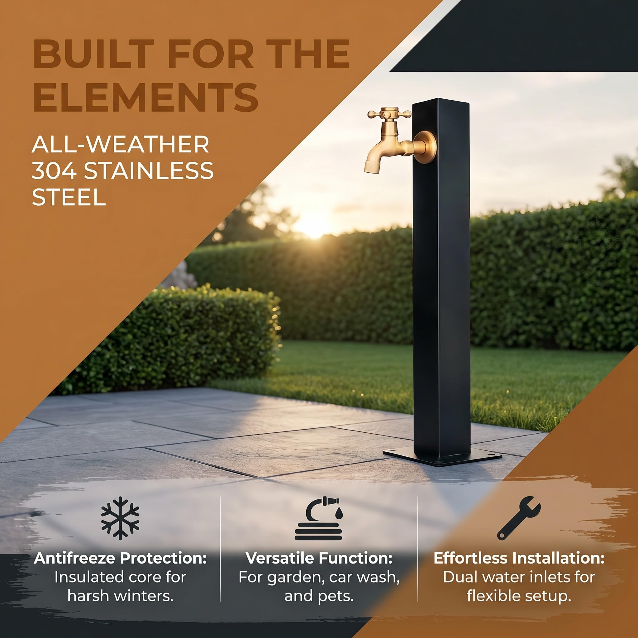 Columna De Agua De Jardín De Acero Inoxidable 304 - Pilar De Grifo Vertical Duradero para Patio, Elegante Grifería Exterior, Paisajismo Y Decoración. Gold B