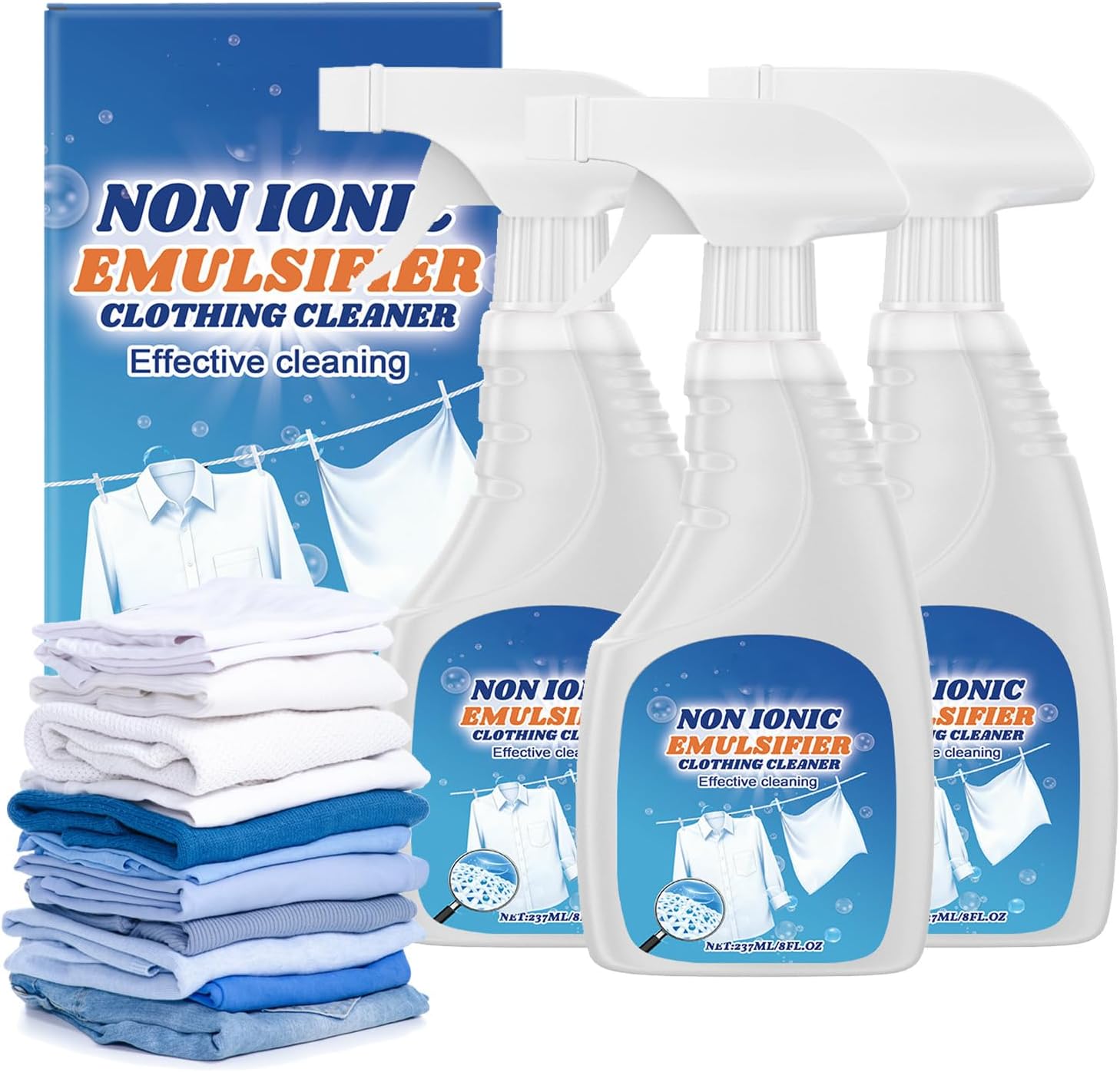 Non-Ionic Emulsifier Stain Remover Spray, Multi-Purpose Fabric Cleaner for Clothes, Shirts & Shoes – Removes Grease, Oil, Food, Deodorant Stains – Strong Decontamination Laundry Pre-Treatment (3PCS)