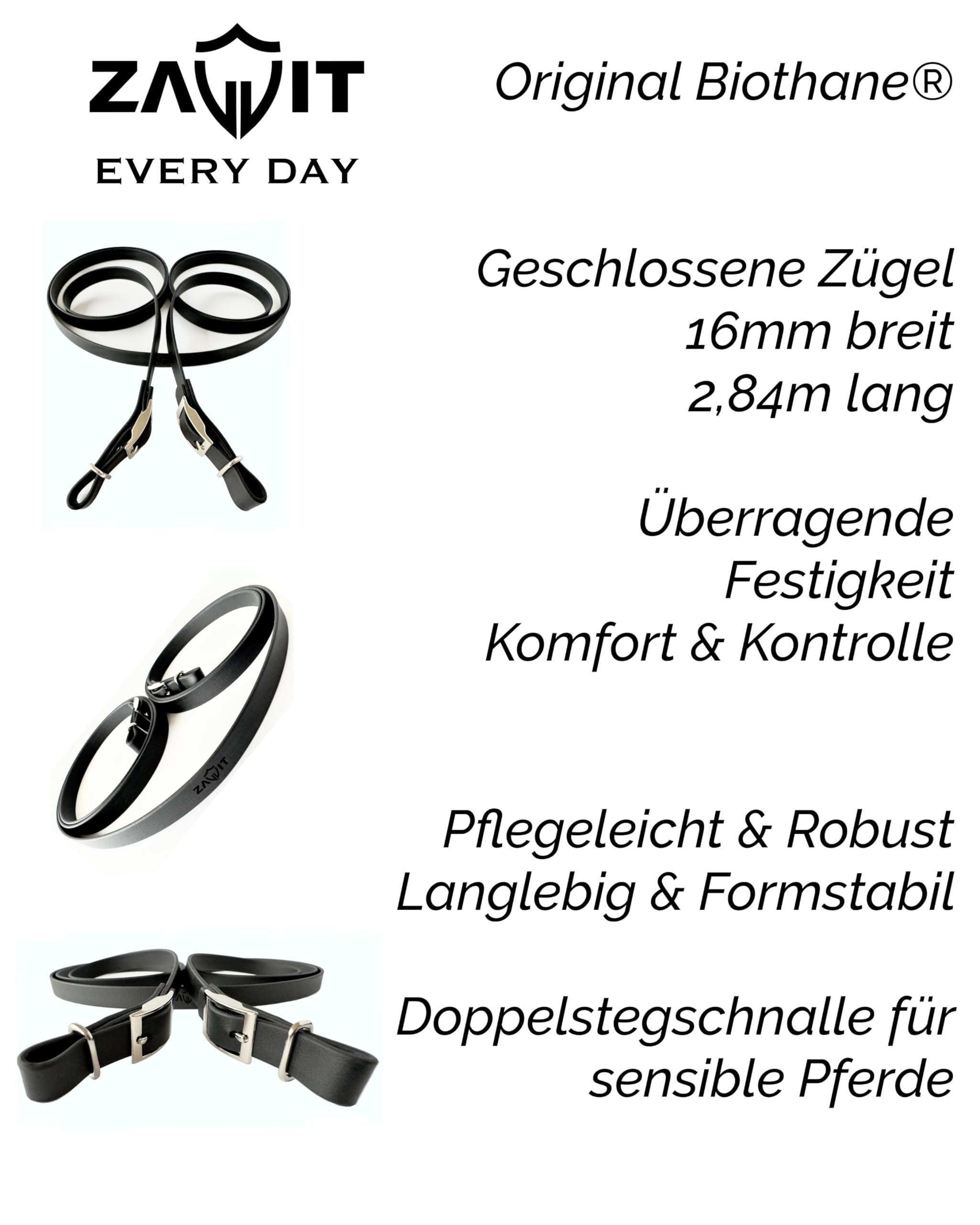 Biothane Zügel – Geschlossene Zügel mit Schnalle. 2,84m lang! Flacher, pflegeleichter BioThane Zügel für Training und Ausritte