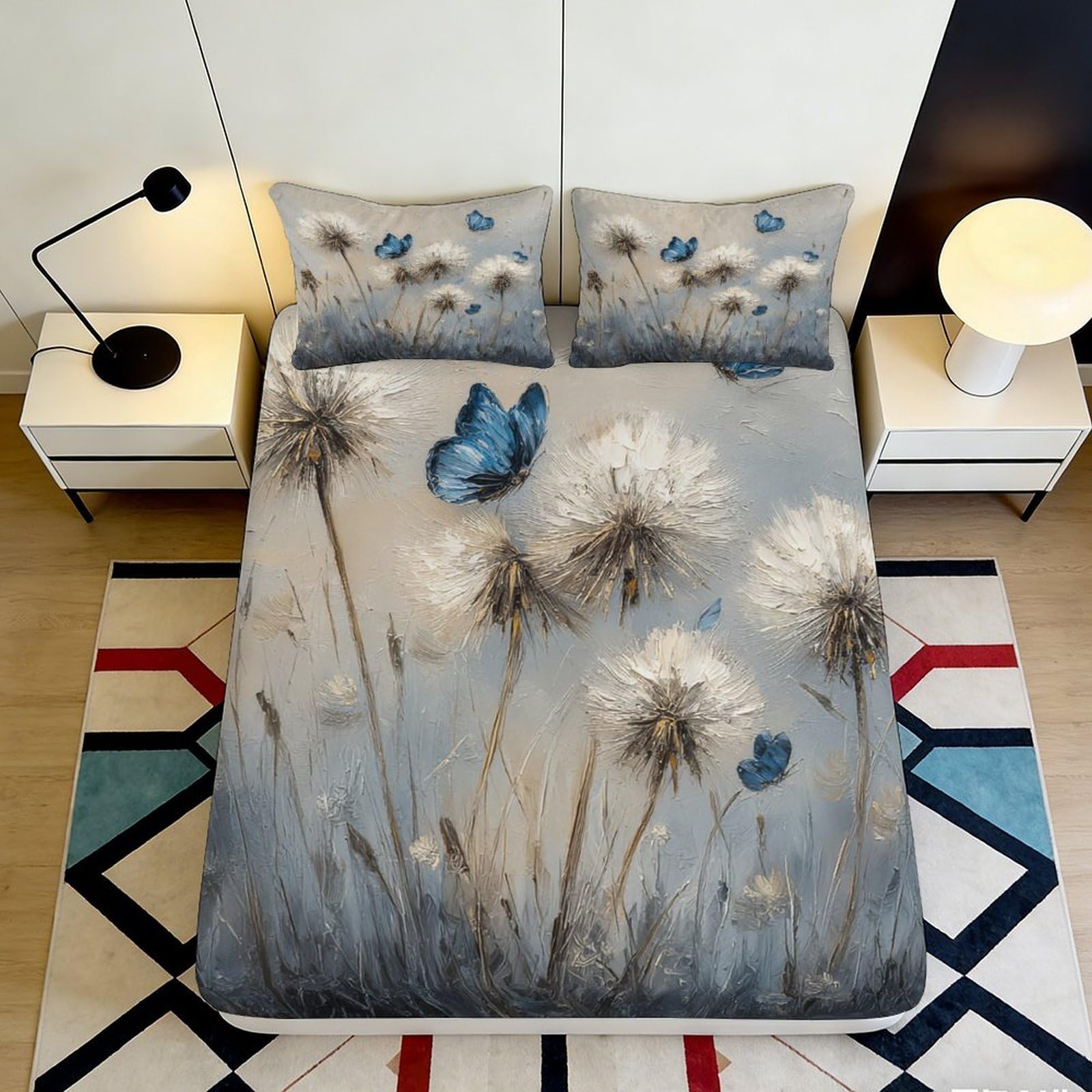 3D Printed Dandelion Meadow Fitted Sheet Microfiber Soft Blue Butterfly Bed Cover for Bedroom Dorm Mattress Decor 90x200x25cm