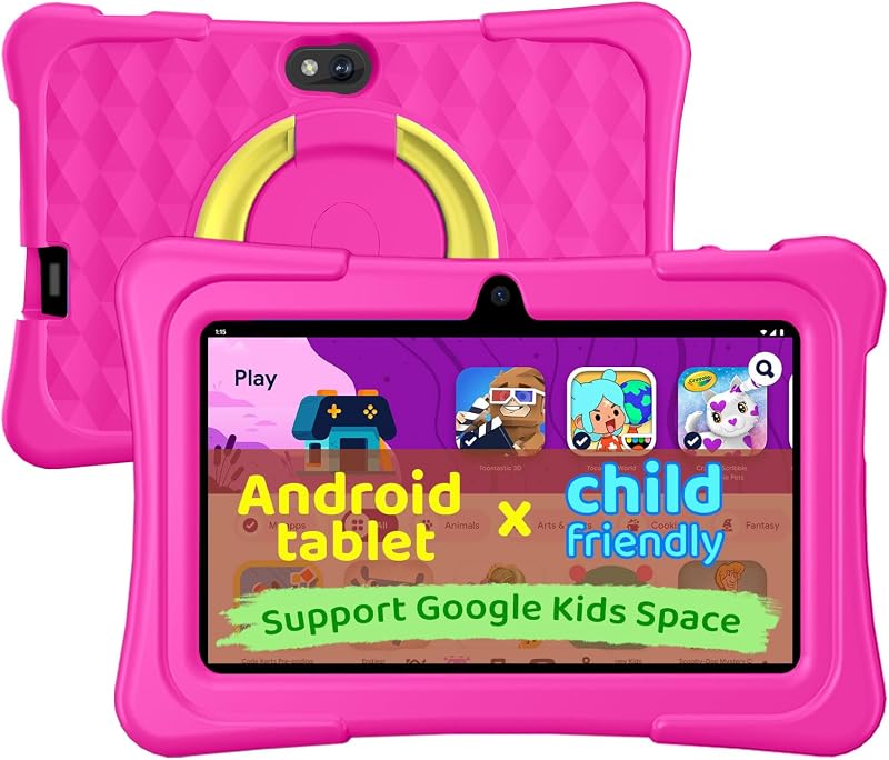 aiprotablet Tableta para niños, tableta Android de 7 pulgadas para niños, 6GB+32GB 1TB expandible, tabletas para niños de cuatro núcleos con estuche, BT, WiFi, control parental, juegos, dual (rosa)