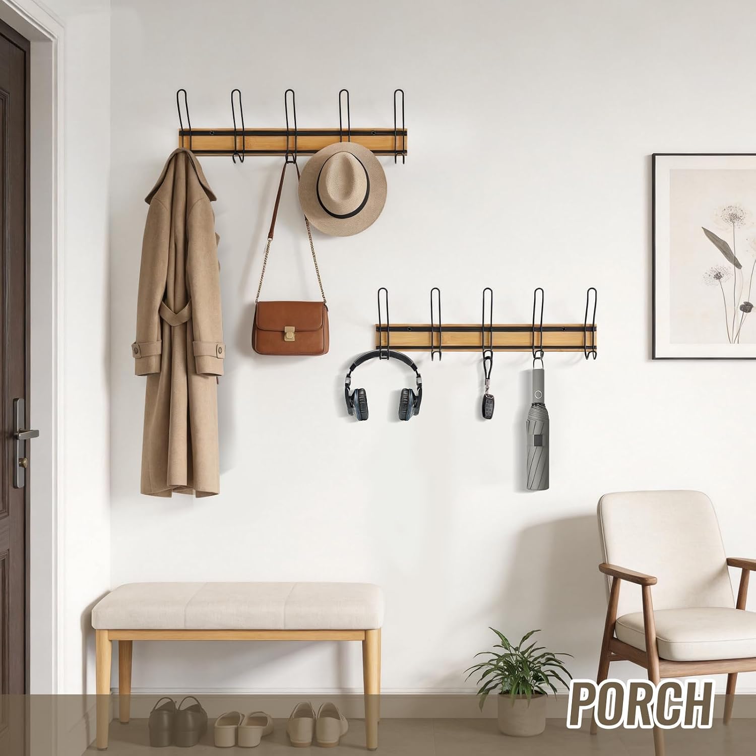 Coat Rack Wall Mount, 16.5 Inches Bamboo Coat Hooks, Wall Hooks for Hanging, Hat Rack Bag Hanger Purse Hanger for Wall, Towel Rack for Bathrooms (2 Pack, Black)