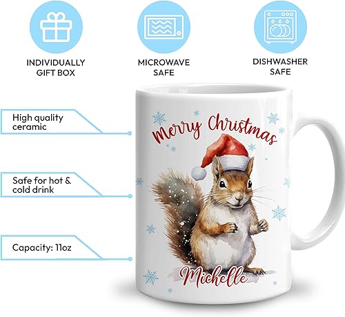 Vista 3 de Hyturtle Regalos personalizados para amantes de las ardillas, con sombrero de Papá Noel, taza de café de cerámica con nombre personalizado, taza