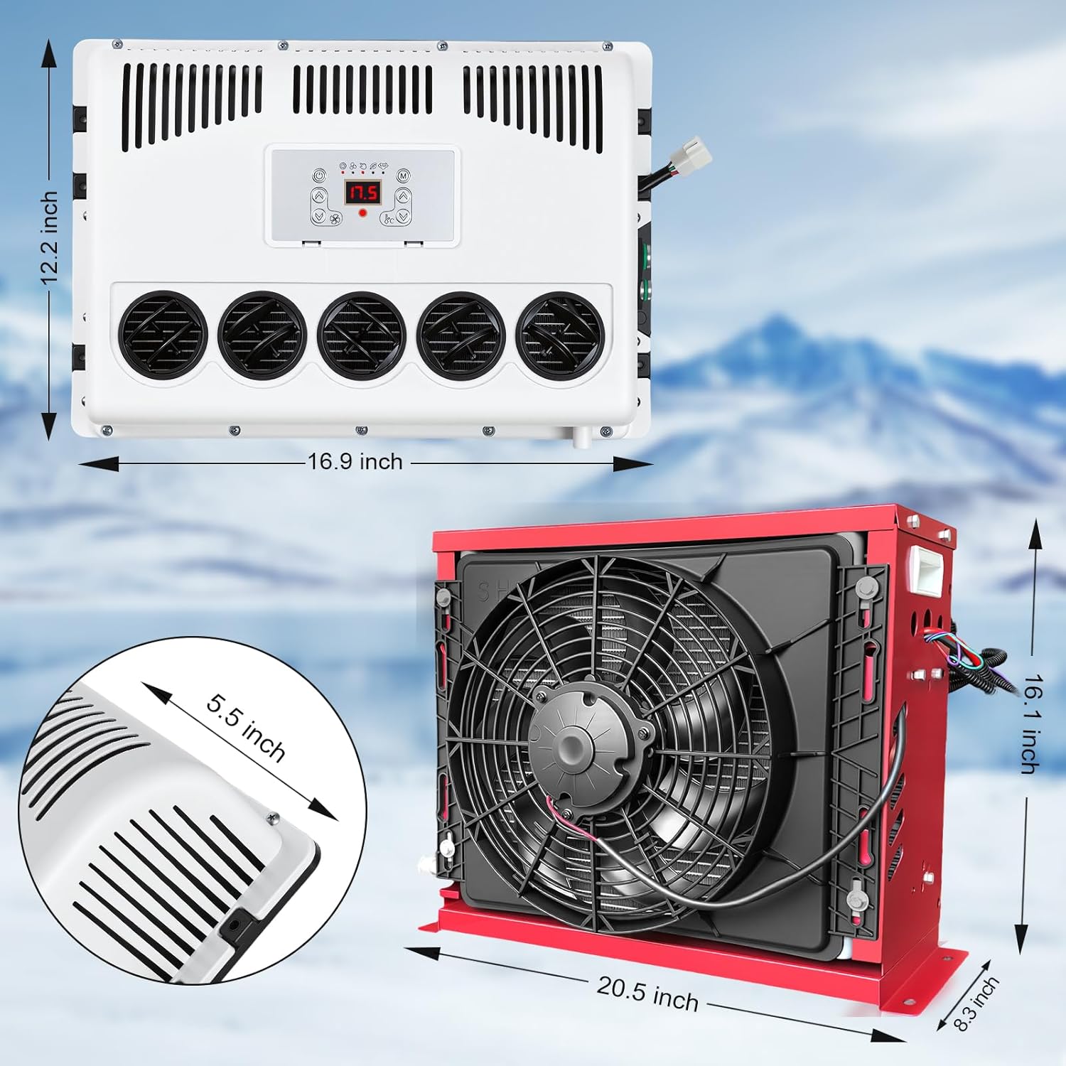 DC 12V RV Air Conditioner Mini Split Electric AC Unit Easy Install Energy Saving Fast Cooling Quiet Parking Air Conditioners Truck Cab AC Unit for Van,Trailer,Excavator,Bus & Heavy Vehicle
