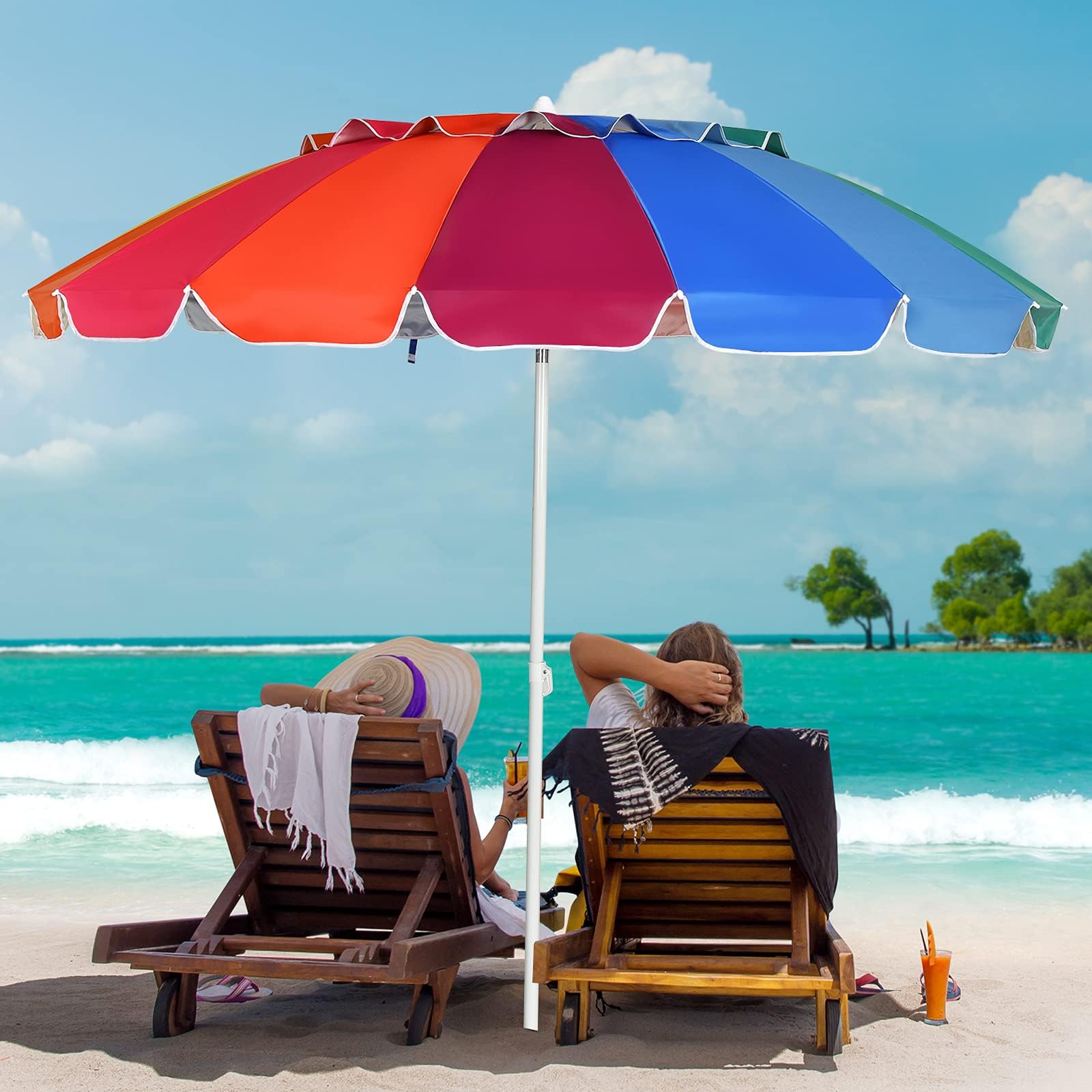 GOPLUS Sombrilla Playa Grande con 16 Varillas(Arcoíris, φ245 cm) | Parasol Terraza Exterior con Protección UV, Ventilación, Antiviento, UPF50, Sombrilla Inclinable para Piscina