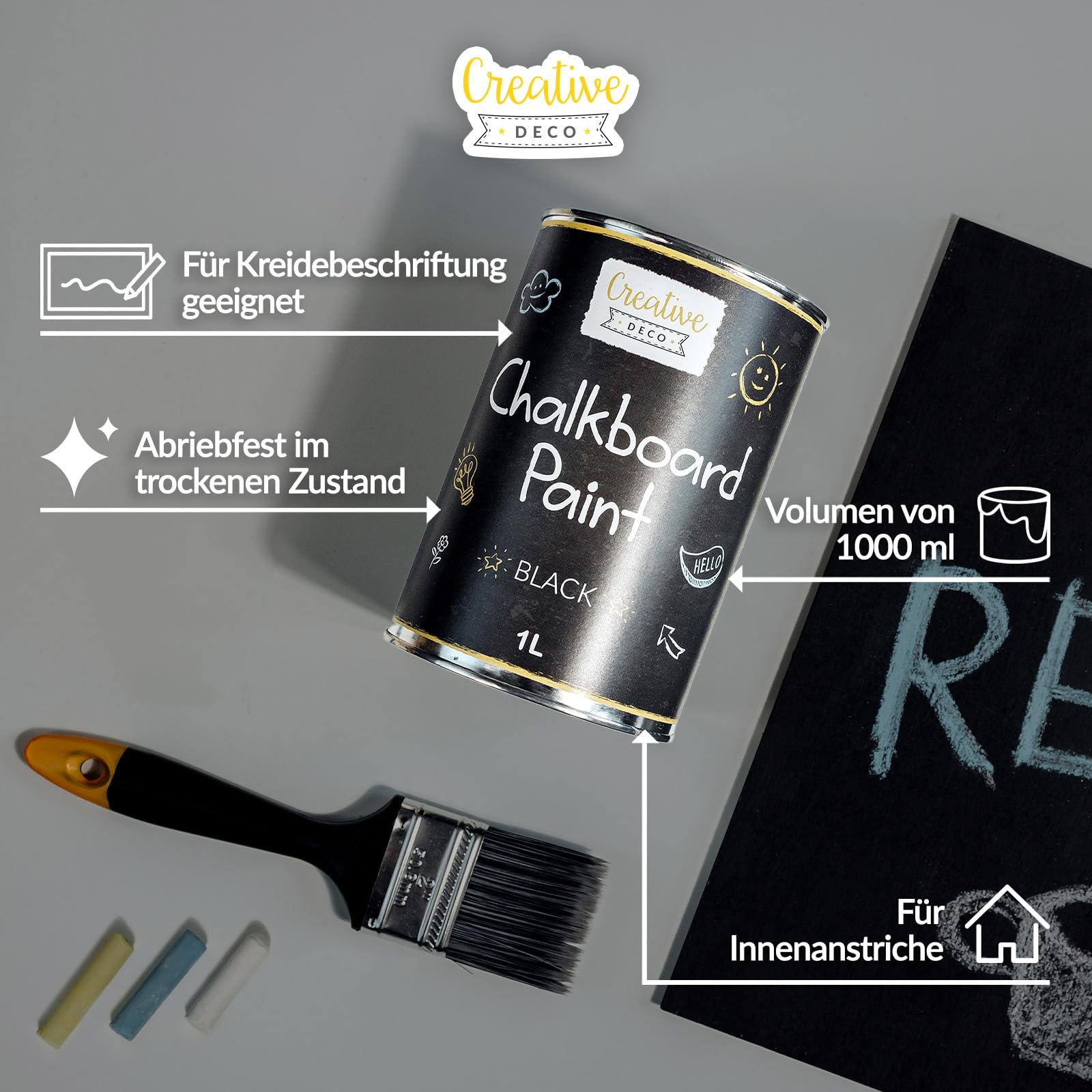 Creative Deco Schwarz Wandfarbe Kreidefarbe Tafelfarbe | 1000ml | 10 m² / 1L Effizient | Matt Farbe für Möbel, Holz, Metall, Glas | Wasserbasis Ungiftig | Kreideschreiben und Zeichnen