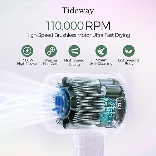 Miniatura 2 de Tideway Secador de pelo profesional de alta velocidad iónico 110,000 RPM, secador de pelo compacto con difusor magnético, secado rápido con motor