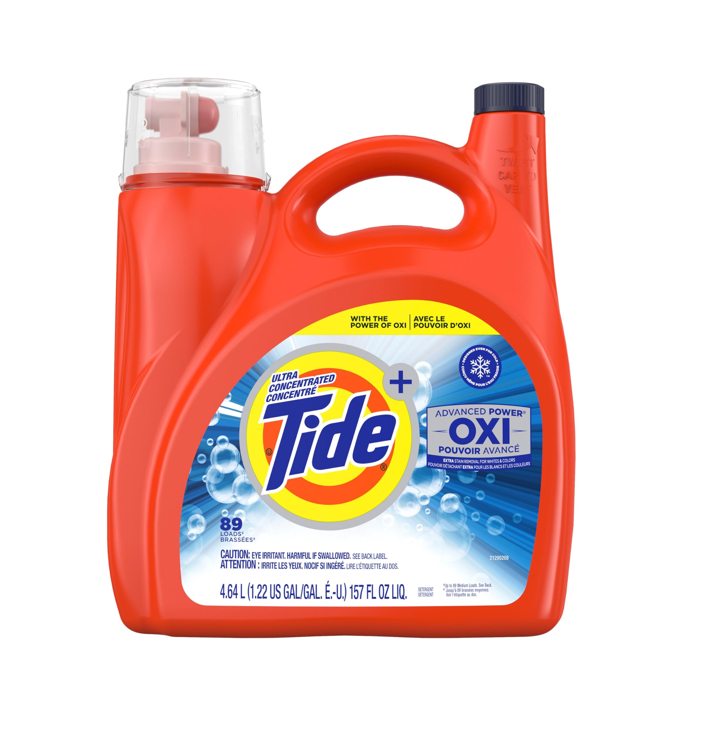 Tide Oxi + Advanced Power Ultra Concentrate, High Efficiency Turbo Clean, Liquid Laundry Detergent - 89 Loads, Extra Stain Removal for Whites & Color (4.64 L)