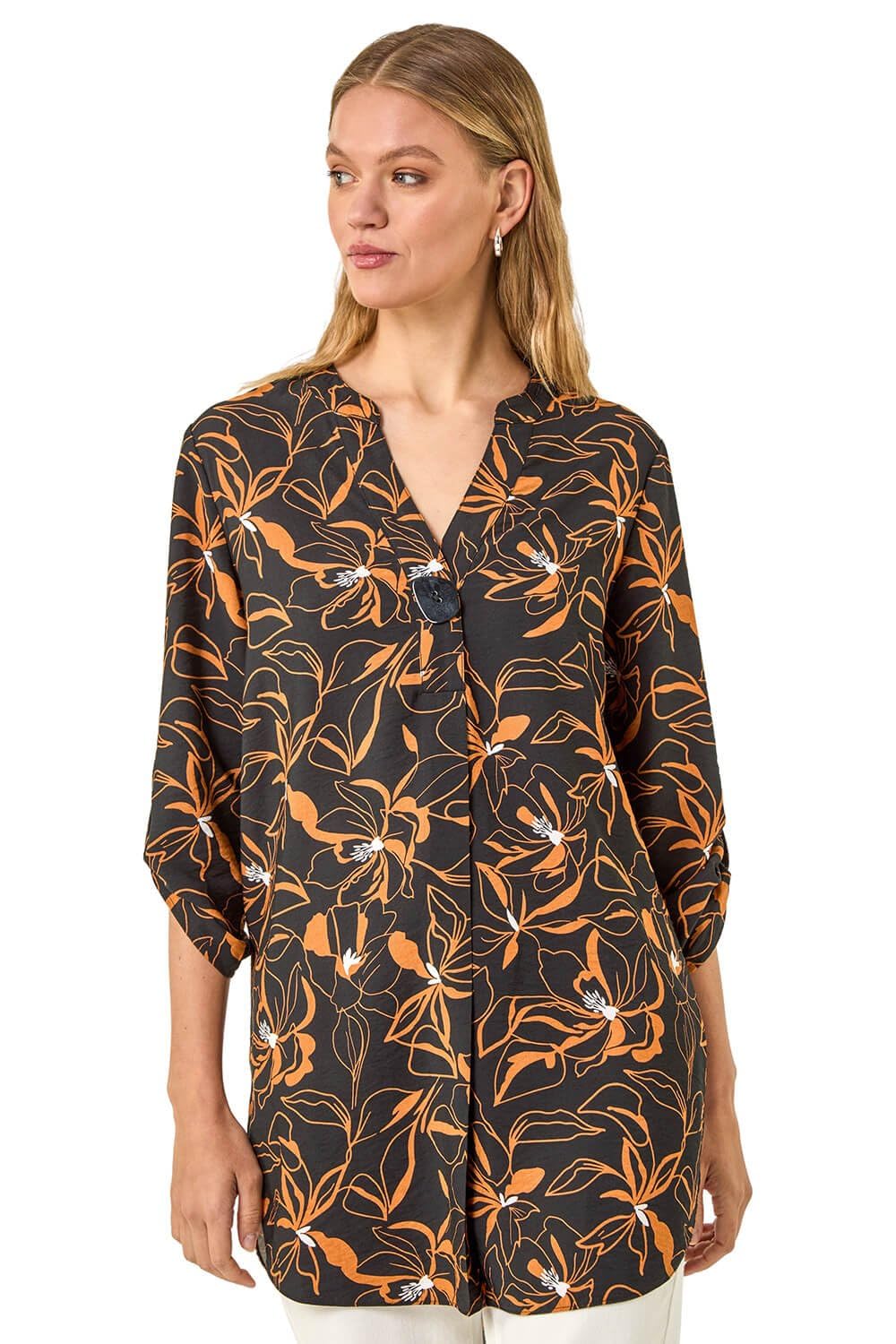 Roman Originals Women's Black Shirt For Uk Longline Top Collarless Blouse Smart Tunic Casual Evening Relaxed Fit 3/4 Length Sleeve Notch V Neck Long - Size 10