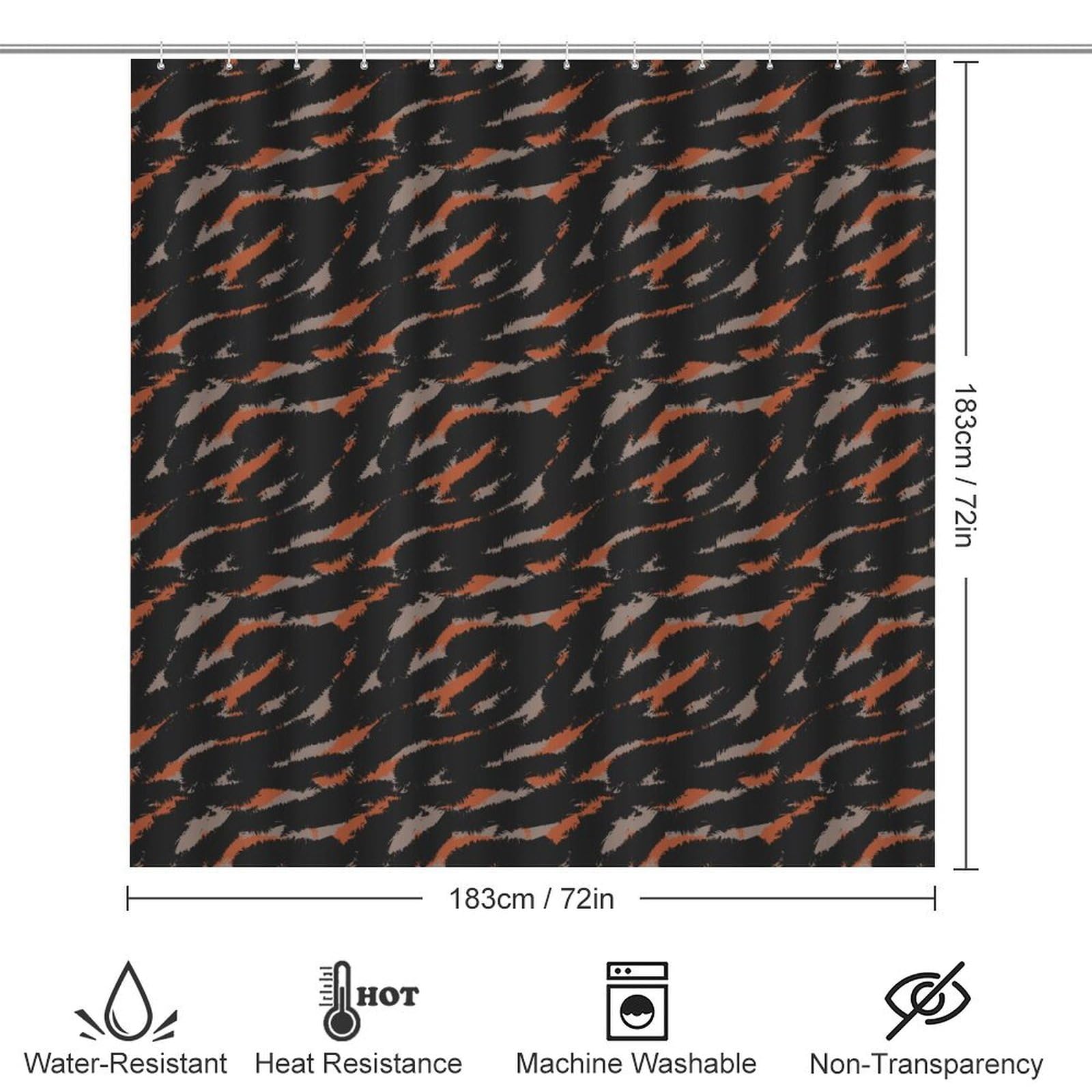 Ensemble de 4 pièces de salle de bain avec rideau de douche et tapis – Camouflage orange et noir – Accessoires de décoration pour couvercle de toilette en forme de U et tapis de couvercle de toilette