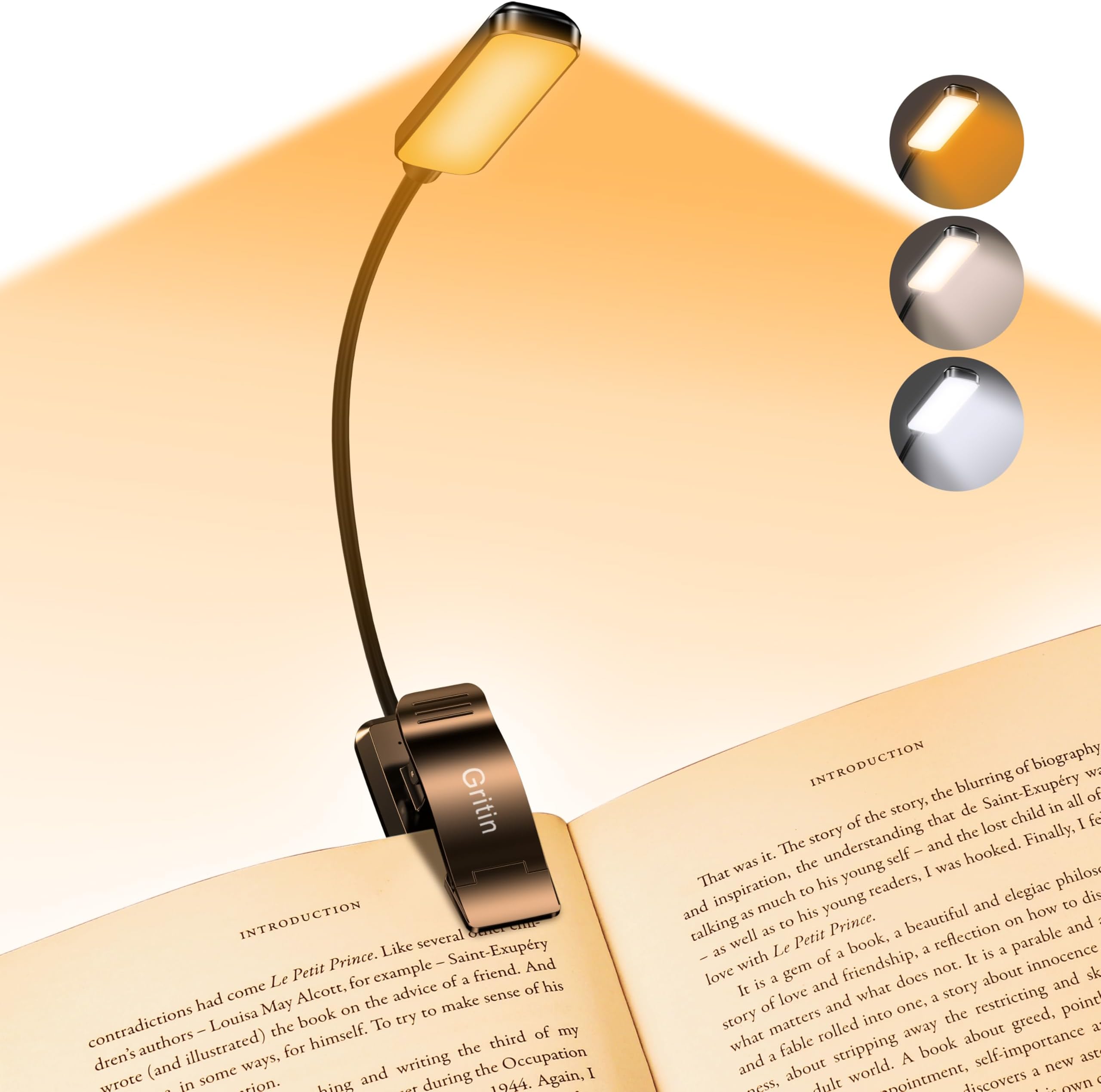 Gritin 9 LED Rechargeable Book Light for Reading in Bed - Eye Caring 3 Color Temperatures,Stepless Dimming Brightness,80 Hrs Runtime Small Lightweight Clip On Book Reading Light for Studying