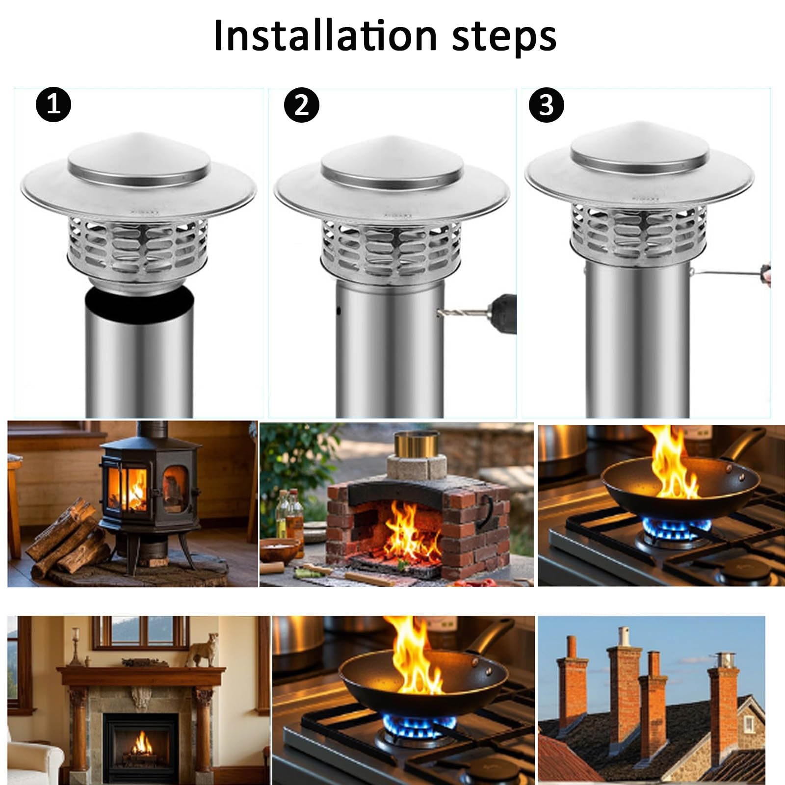 Tapa de chimenea de acero inoxidable, tapa de lluvia redonda de 2.5 pulgadas para protección de chimenea, tapa de ventilación de techo fácil de instalar para estufas y aplicaciones al aire libre