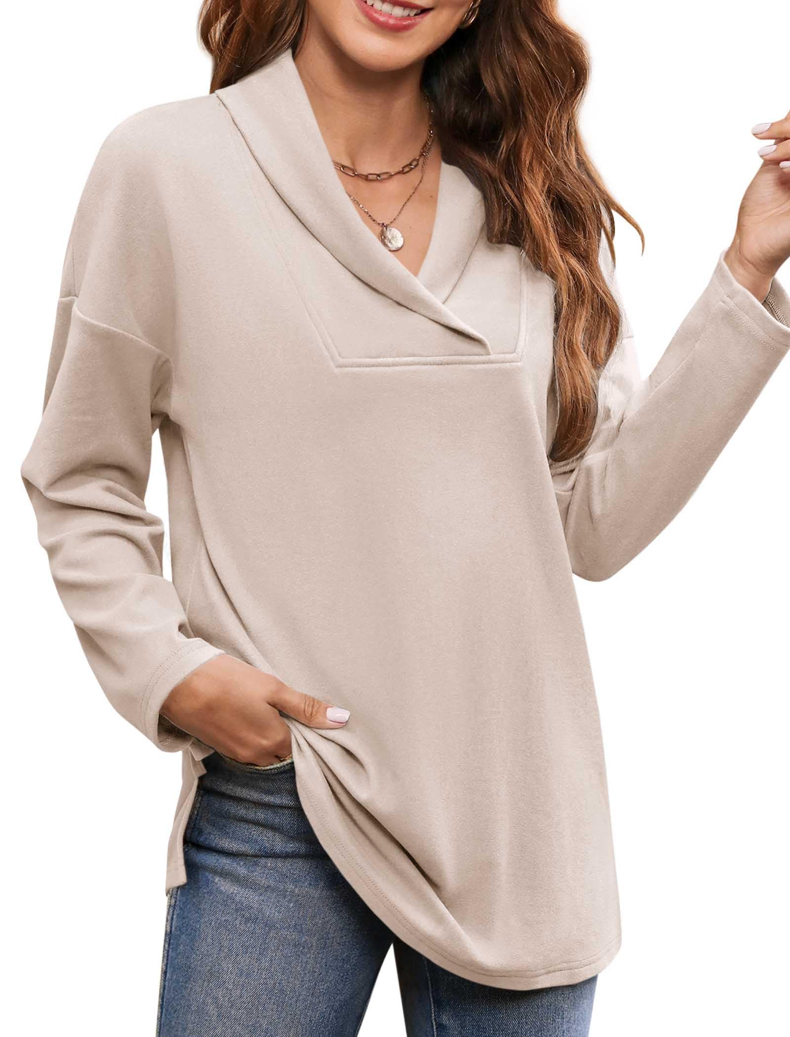 Women's Long Sleeve Tops Fall Shawl Neck Tunic Tops for Leggings Casual Blouse Sweatshirt