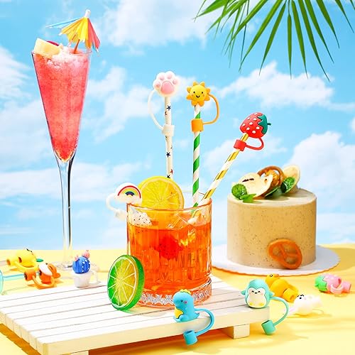 Miniatura 3 de 24 tapas de popote de silicona, tapas de puntas de popote reutilizables, tapas de lindos dibujos animados antipolvo para pajitas de 0.23 a 0.31