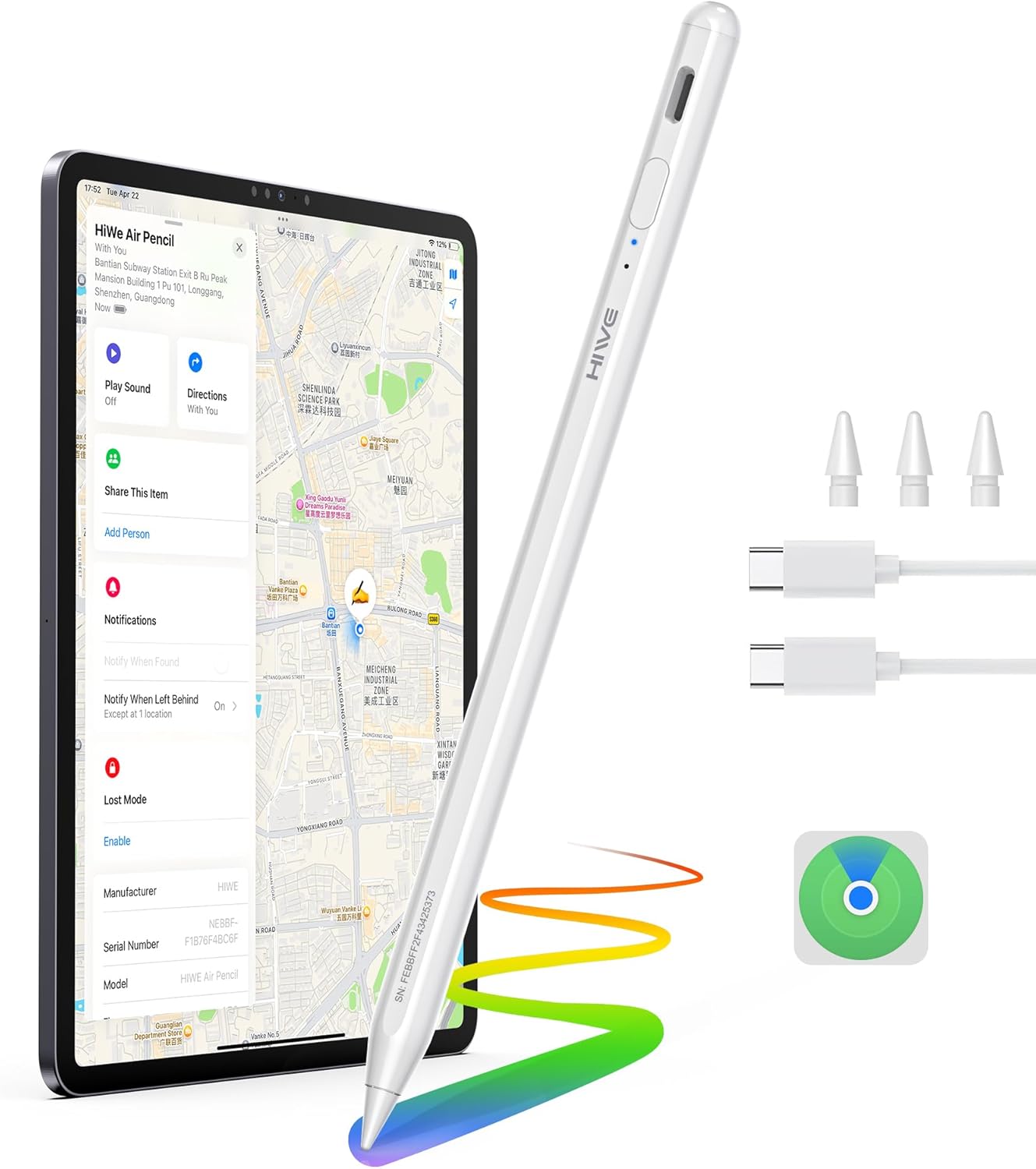 Anti-Lost Pen for iPad 2018-2025, Find My Support, Tilt Sensitivity & Magnetic, Shortcuts, Fast Charge 10H Battery, 3 Replaceable 1.5mm Tips, White