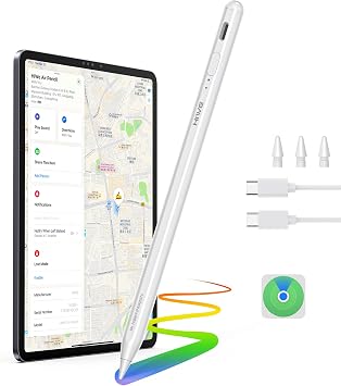 Anti-Lost Pen for iPad 2018-2025, Find My Support, Tilt Sensitivity & Magnetic, Shortcuts, Fast Charge 10H Battery, 3 Replaceable 1.5mm Tips, White