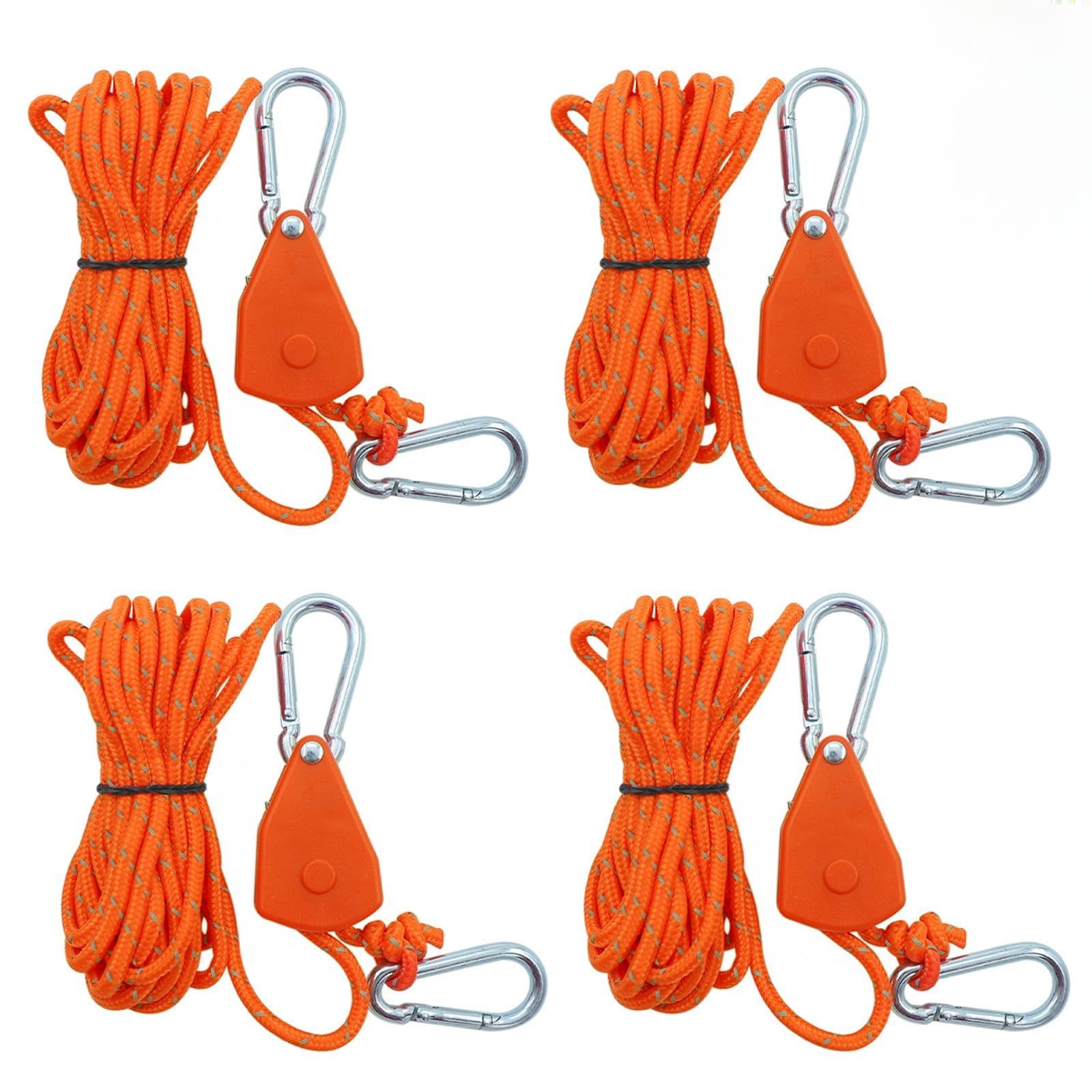 Abspannseile mit Seilspanner, 4 Stück Verstellbarer Zeltschnur mit Spanner Reflektierende Seil Ratsche Ø4mm Windfestes Seilratsche für Camping Sonnensegel Zelte (2m, Orange)