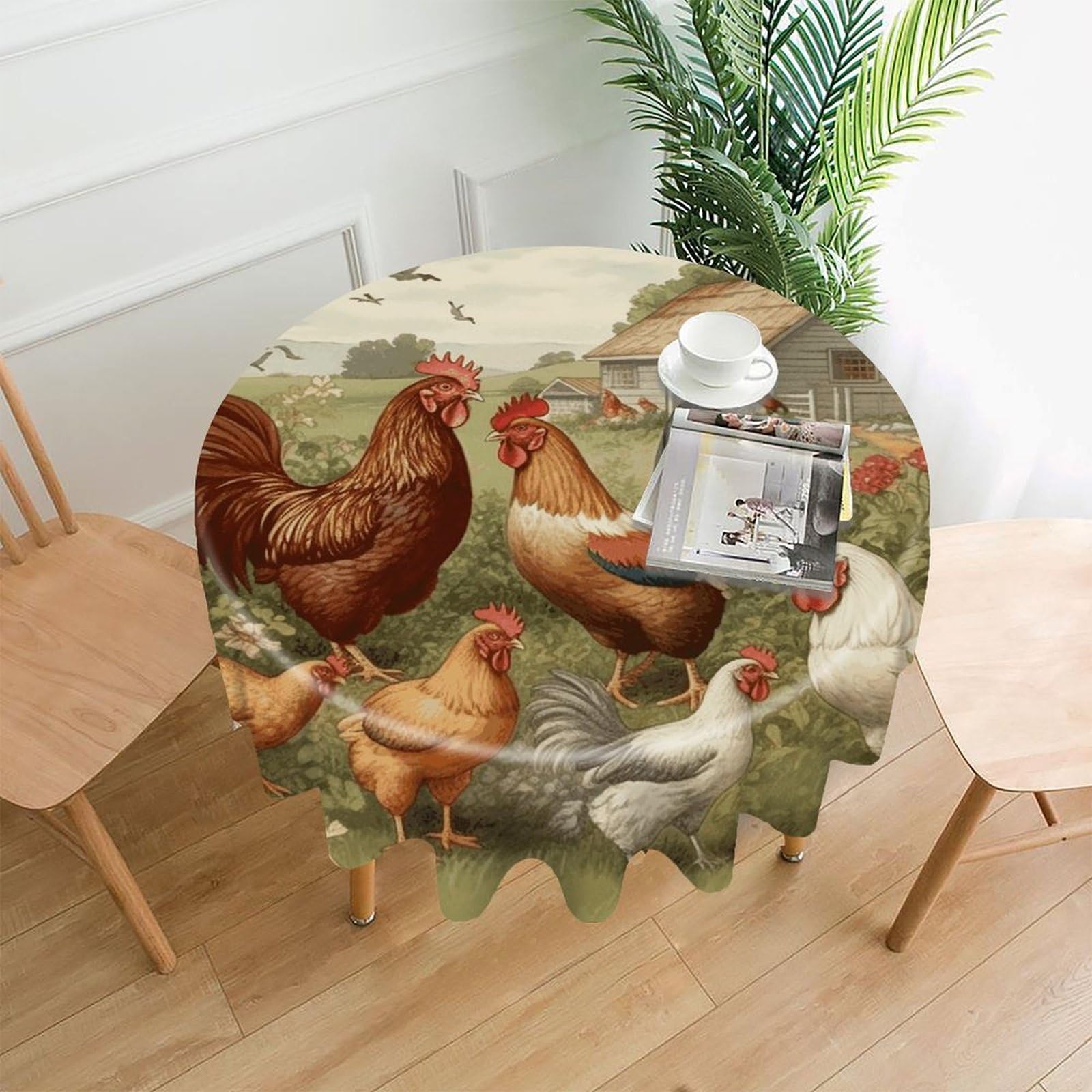 FodPand Chickens and Farm Round Tablecloth - 60 Inch Premium Polyester Table Cloth, Fashion Wrinkle Resistant Decorative Table Cover for Dining Kitchen Party Buffet Tables