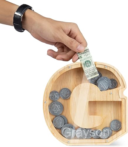 LanM - Alcancía de madera personalizada Caja de efectivo de animales y banco de 26 letras para niños y niñas, moneda grabada personalizada con