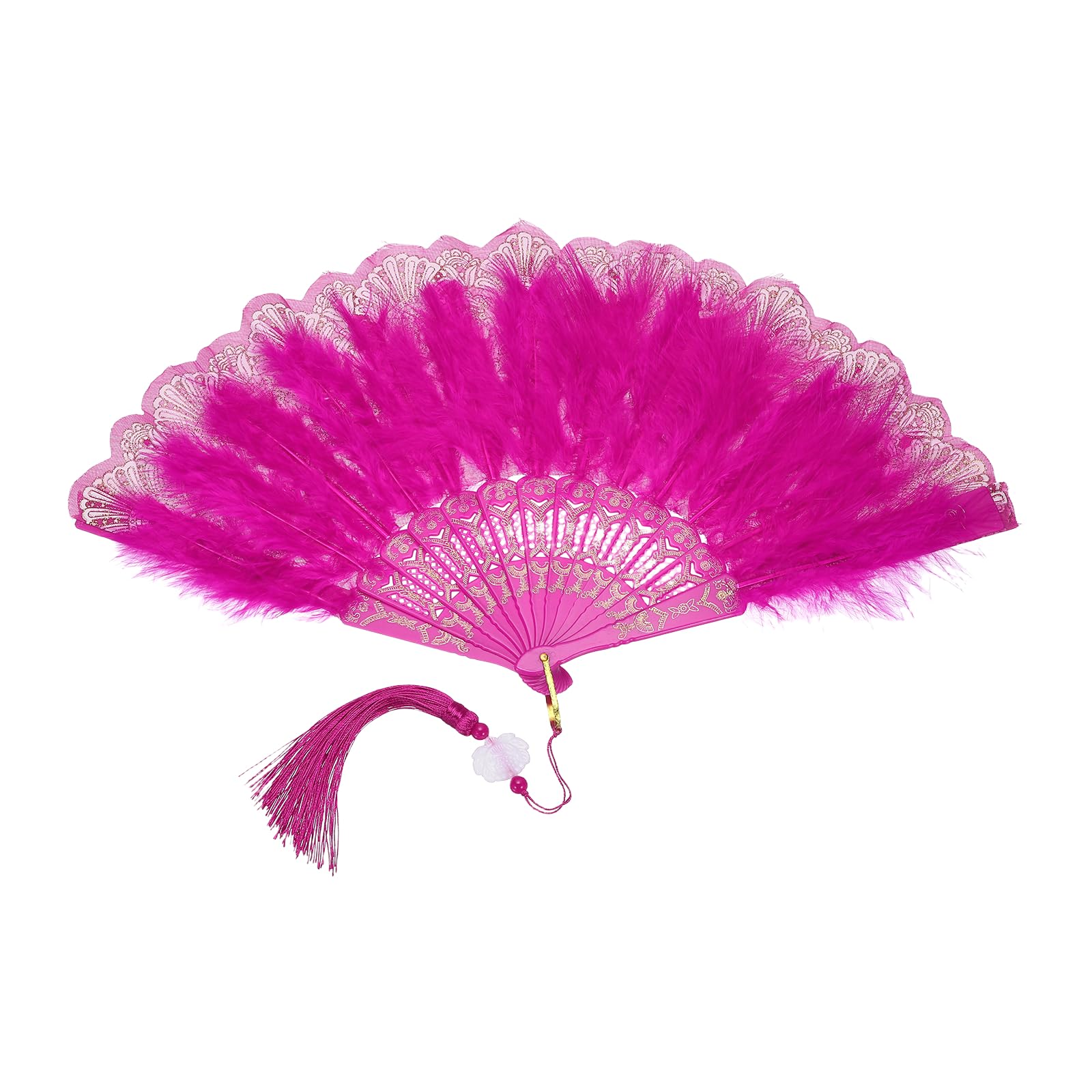 sourcing map 1 Pcs Vintage Folding Fan, Embroidered Flower Marabou Feather Fans 20s Vintage Style Handheld Folding Fan for Dancing Wedding Show Party Tea Party Occasions, Rose Red(Polyester)