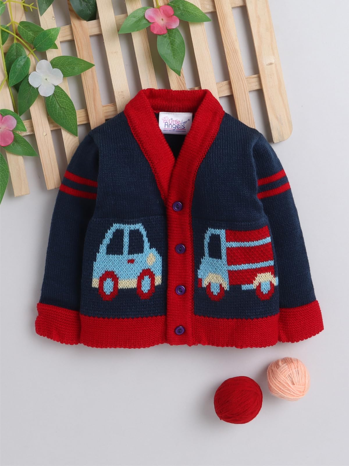 SMAZZ Baby Woolen Cardigan Sweater in Navy Color for Baby Girl & Boy in 3-6 Months with Car & Truck Pattern 1