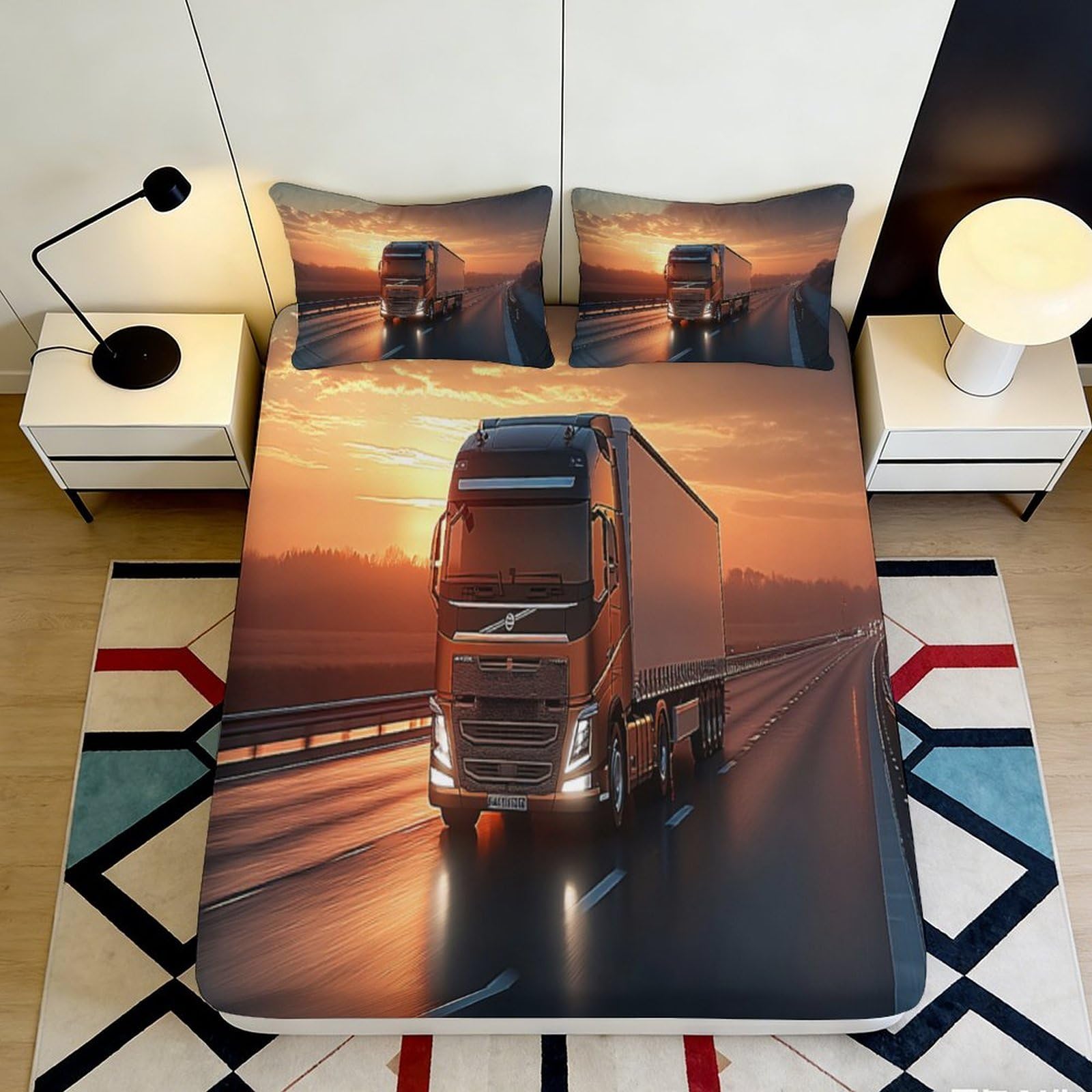 3D Printed Truck Sunset Fitted Sheet Microfiber Soft Breathable Highway Bed Cover for Bedroom Dorm Mattress Protection Decor 90x200x25cm