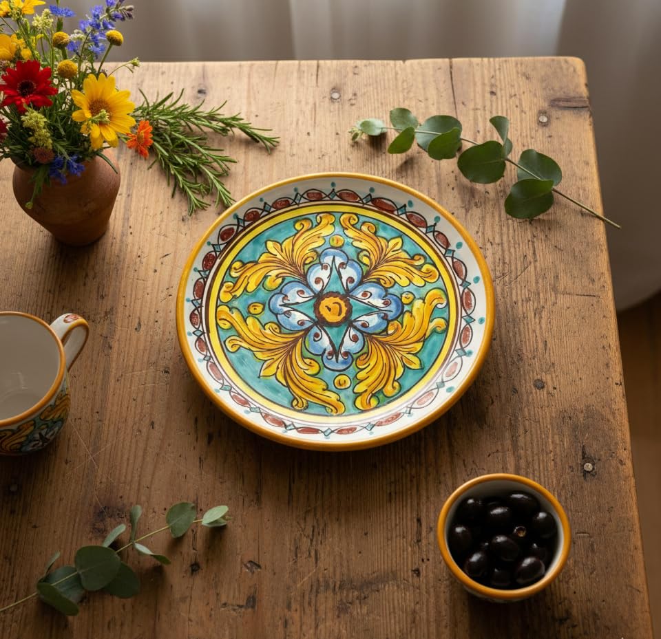 Misure: diametro: 20 cm Mondocreazioni Piatto piccolo da muro in ceramica decorata a mano da ceramisti siciliani di Santo Stefano di Camastra gomes art 14