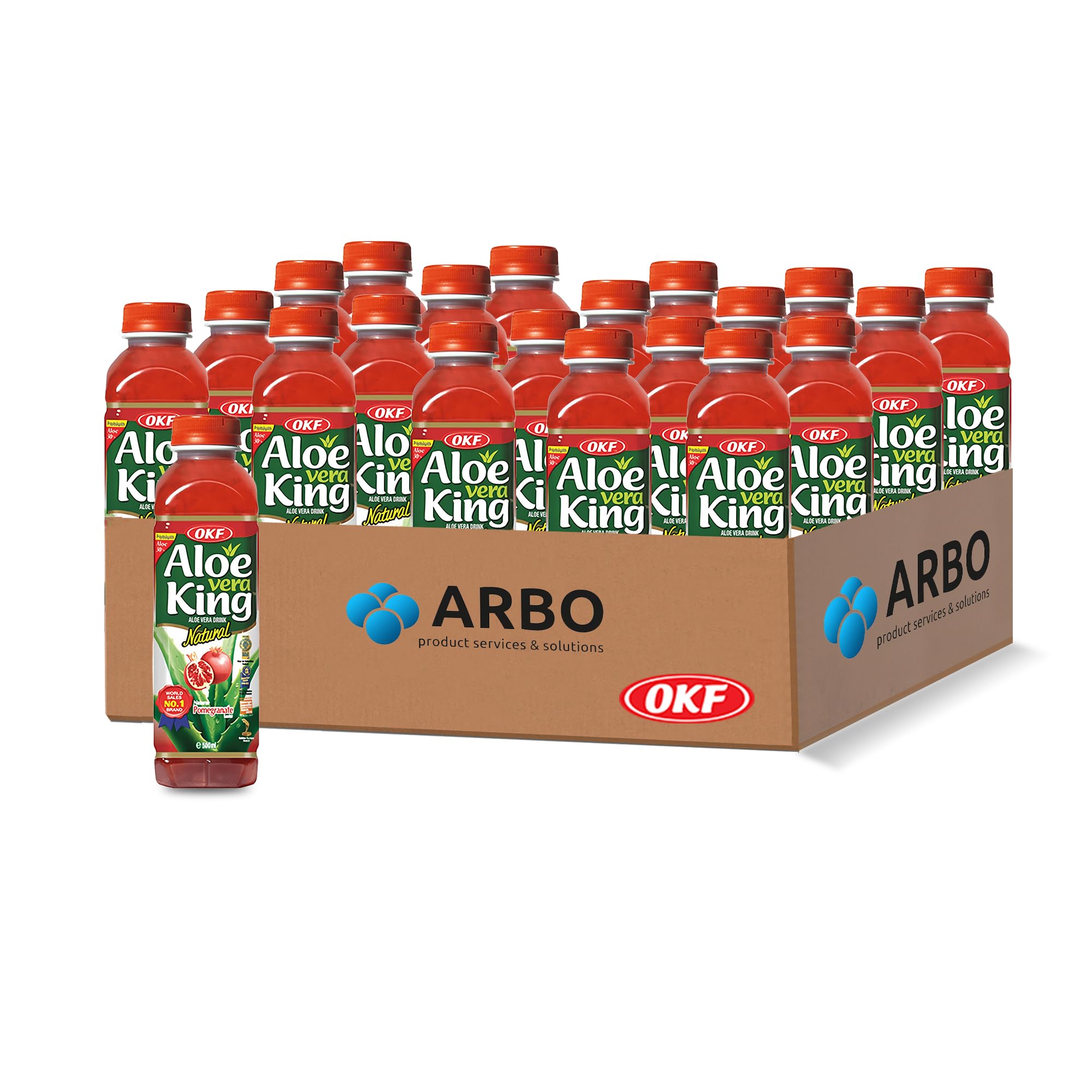 OKF Aloe Vera Pomegranate 20x 500ml – Aloe-Getränk mit 30 % Aloe Vera & Stückchen – Granatapfelgeschmack – Erfrischungsgetränk aus Korea – Vegan, fruchtig & lecker
