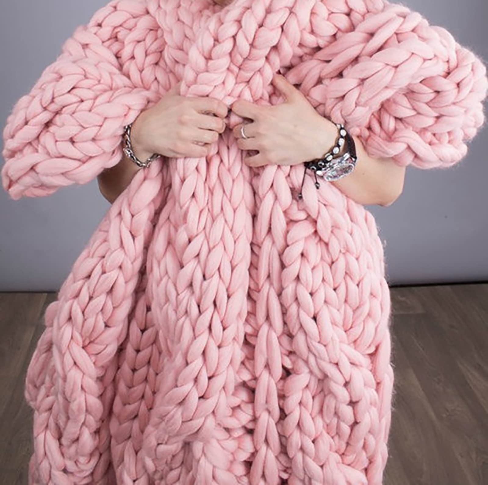 XWCG Chunky Knit Blanket - Soft & Warm Wool Blend Throw, Pink, 80 * 80cm