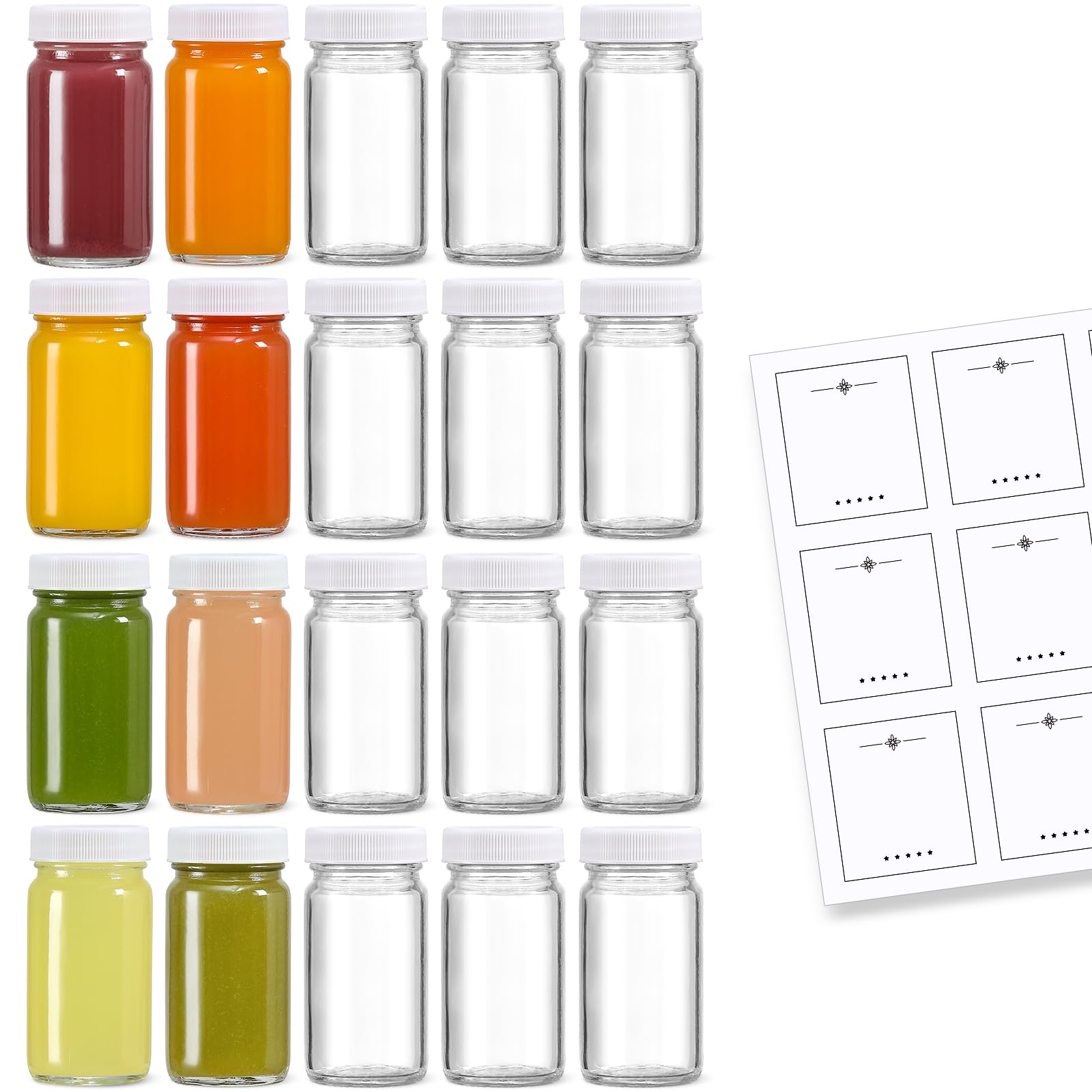 20 Pack 2 oz Glass Shot Bottles w White Lids 20 Labels - Small Clear Jar for Ginger