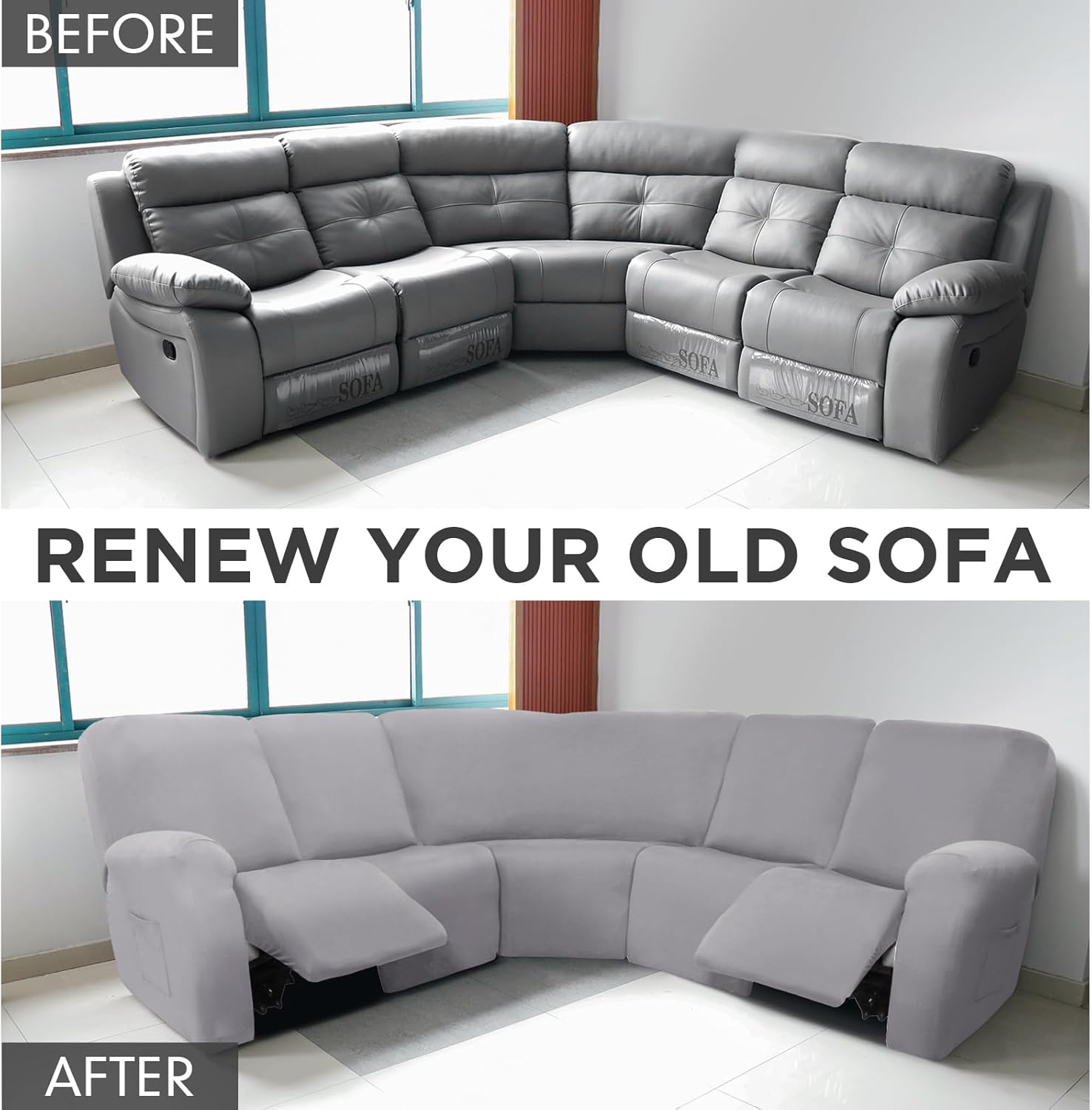 Peryiter 7 Pcs L Shape Sectional Recliner Sofa Covers 5 Seat Sectional Couch Covers Milk Silk Velvet Stretch Reclining Sofa Slipcover Furniture Protector for Living Room(Light Gray,Milk Silk)