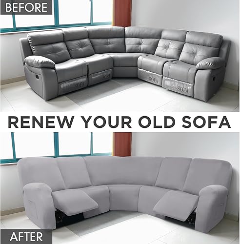 Miniatura 3 de 7 fundas para sofá reclinable seccional en forma de L, fundas para sofá modular de 5 asientos, terciopelo de seda lechera, funda elástica para sofá
