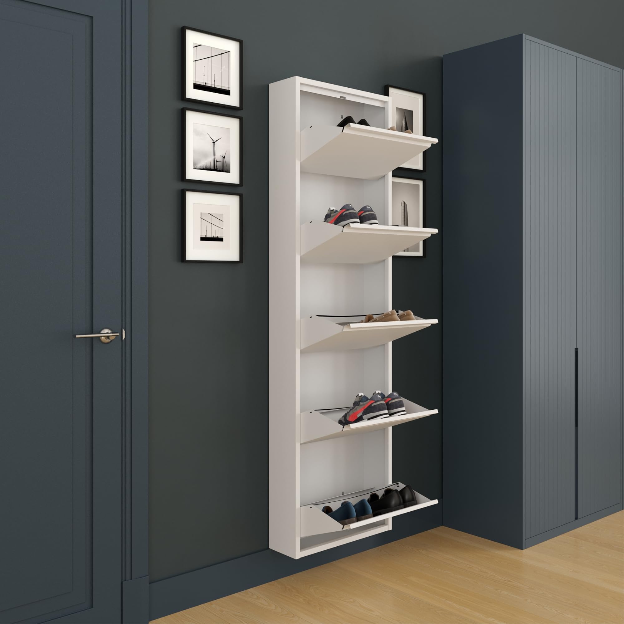 furni24 Schuhschrank, 5 Klappen, Metall, 10–14 Paar, wandmontierbar, vormontiert – Weiß