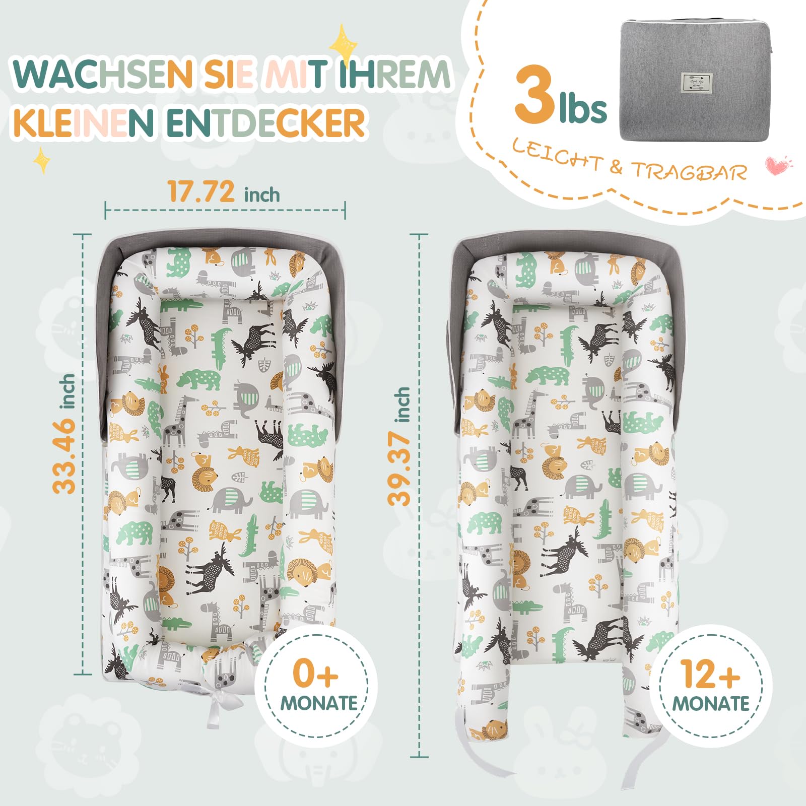 Babynest Babynestchen Neugeborene Baby Nestchen Tragbar 0-24 Monate, Nestchen Baby Waschbar mit Verstellbarem U-Fußsack,Tragbar & Verwandelt Sich In Rucksack,Baby Erstausstattung Neugeborene