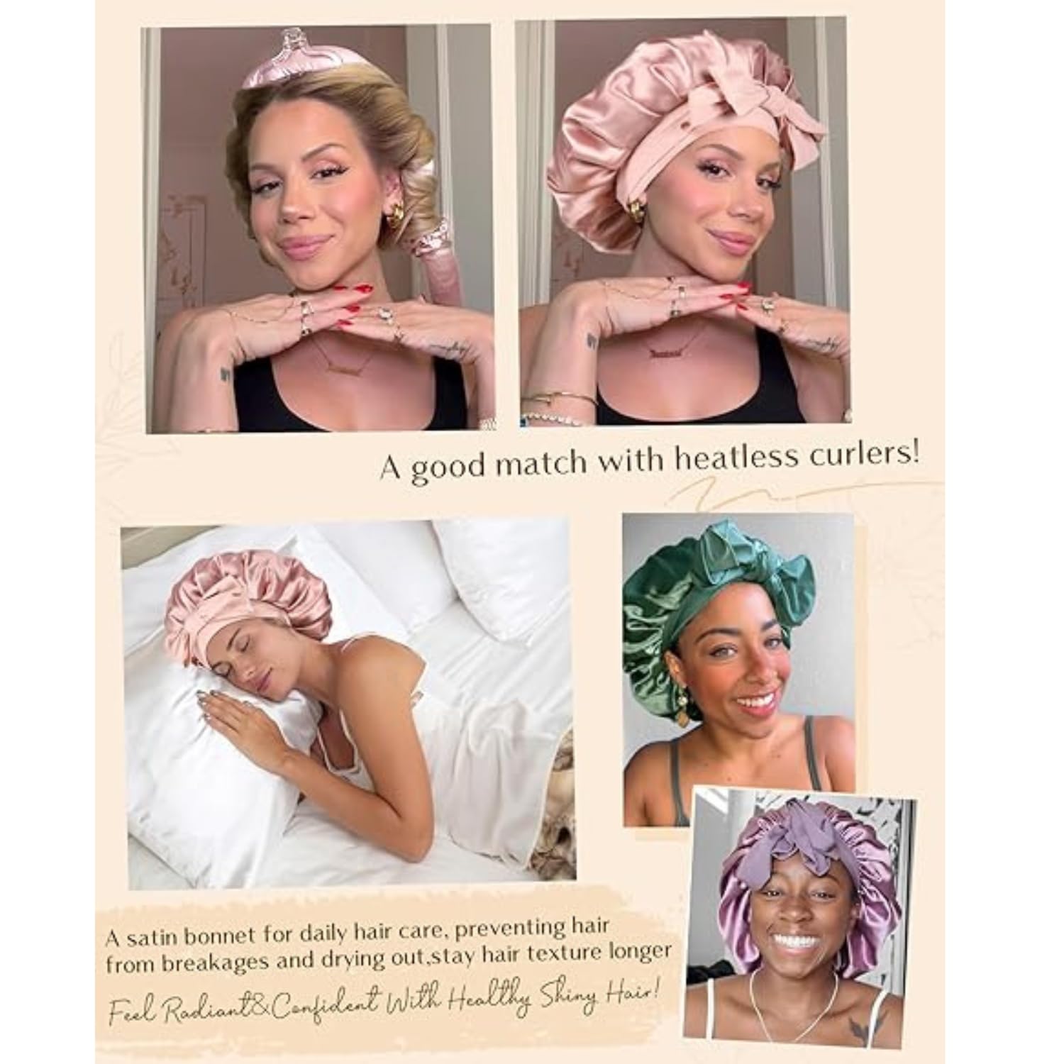 Candibella Silky Bonnet for Hair with 3 Scrunchies, Adjustable Hair Cap for Sleeping, Satin Bonnet for Curly Hair with Soft Jersey Fabric Tie Band (IN, Alpha, Free Size, Rose Taupe, Silk Bonnets) 1