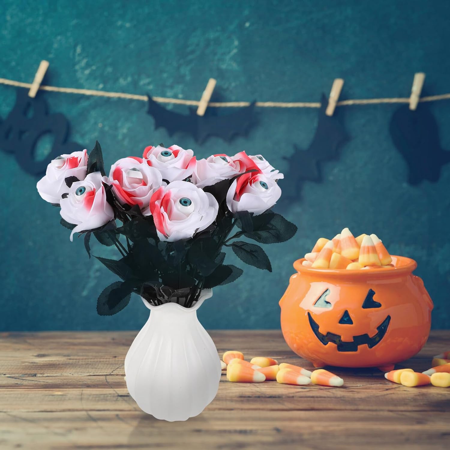 Operitacx 8pcs Artificial Halloween Rose Decorations with Props, Realistic Red Fake Flowers for Haunted House, Creepy Rose Ornaments for Home and Party Décor