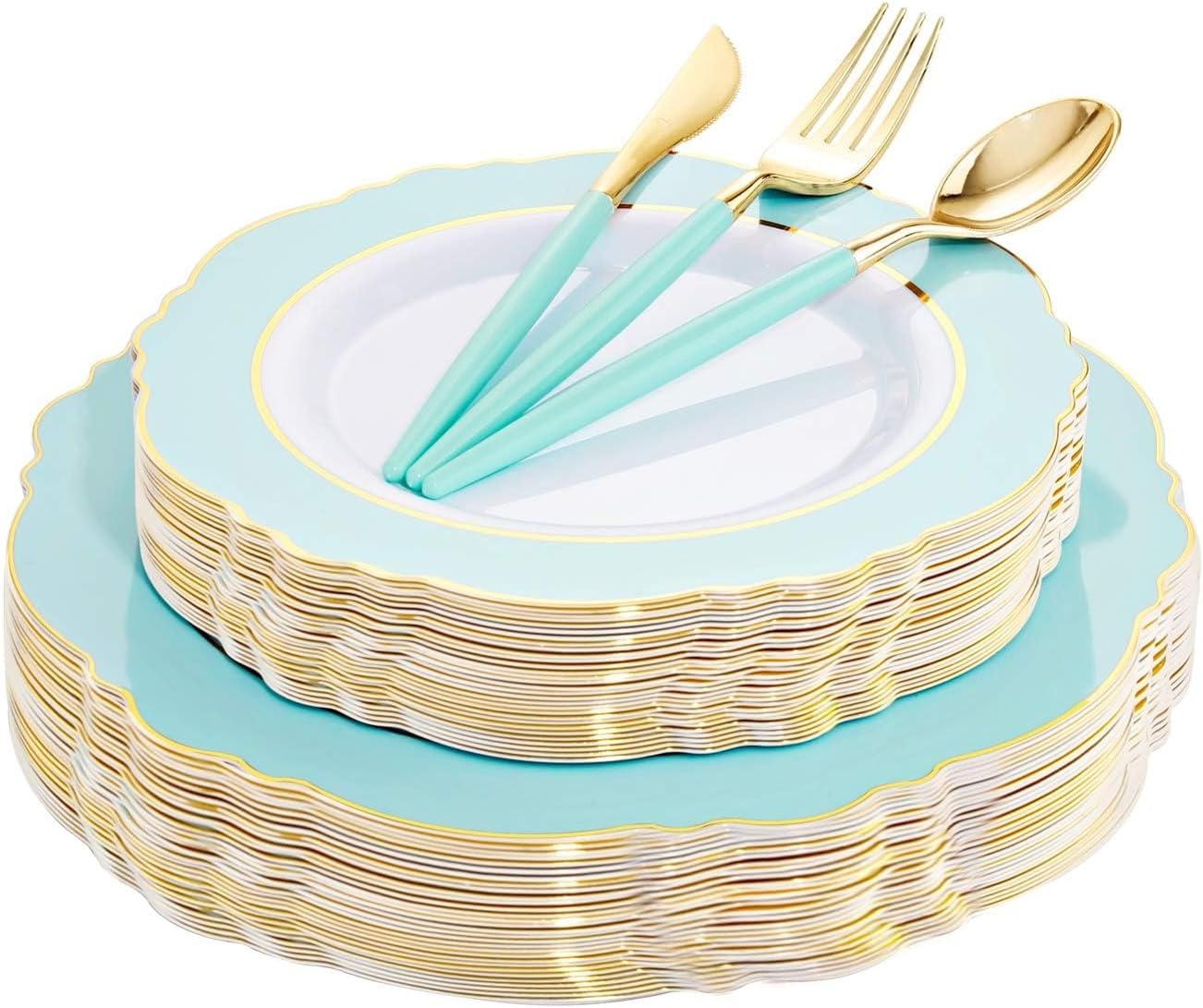 WDF 30Guest Mint Green Plastic Plates & Disposable Gold Silverware With Green Handle-Baroque Green &Gold Plastic Dinnerware for Upscale Party/Picnic/Spring