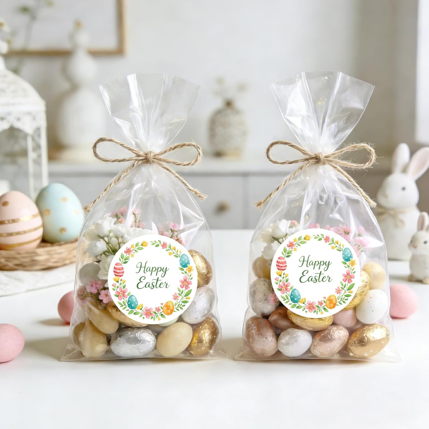 G2PLUS Happy Easter Stickers - 60Pcs Easter Eggs Labels for Baskets 2 Inch Round Watercolors Flower Wreath Sticker for Goodies Bags, Cards, Envelope Seals, Party Supplies