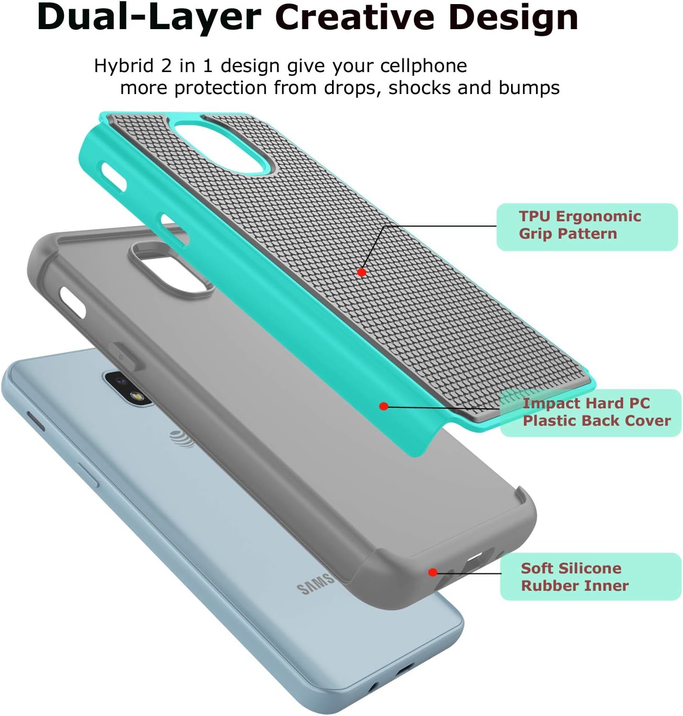 Galaxy J7 2018 Case, Takfox Phone Case for Samsung J7 Crown/J7 Refine/J7 Star/J7 V/J7 Aero/J7 Aura Protective Heavy Duty Shockproof Hard PC Back & Soft Silicone Dual Layer Armor Cover,Turquoise