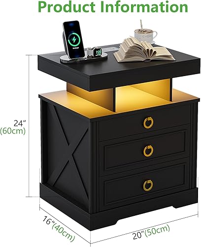 Miniatura 2 de HNEBC Mesita de noche RGB con estación de carga inalámbrica y puertos USB mesita de noche LED con inducción de cuerpo humano mesita de noche