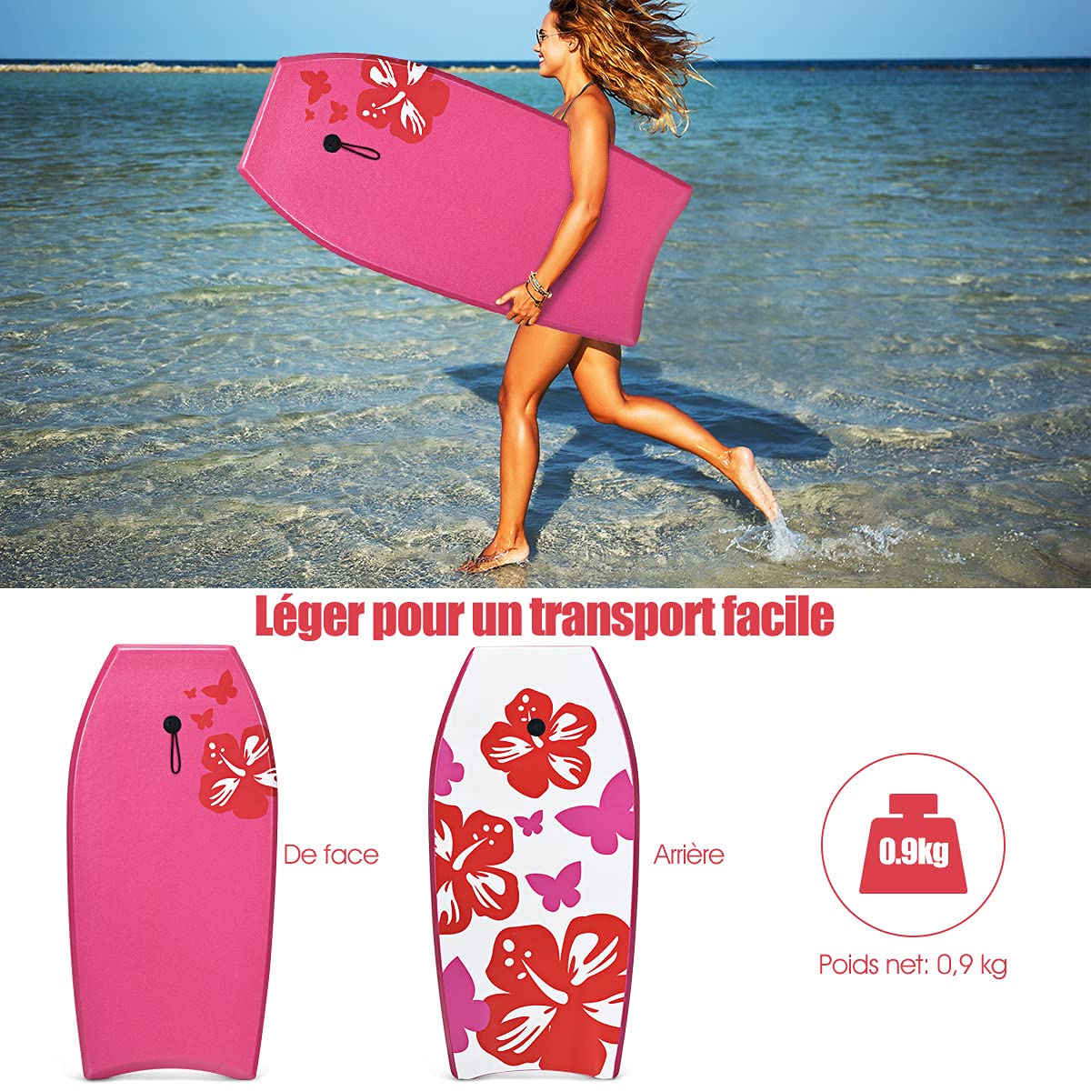 DREAMADE Planche de Surf en XPE et HDPE avec Bande Pratique et Corde à Pied, Bodyboard Planche avec Capacité de Charge de 85KG, pour Adultes et Enfants Plus de 14 Ans, 105X51X6CM