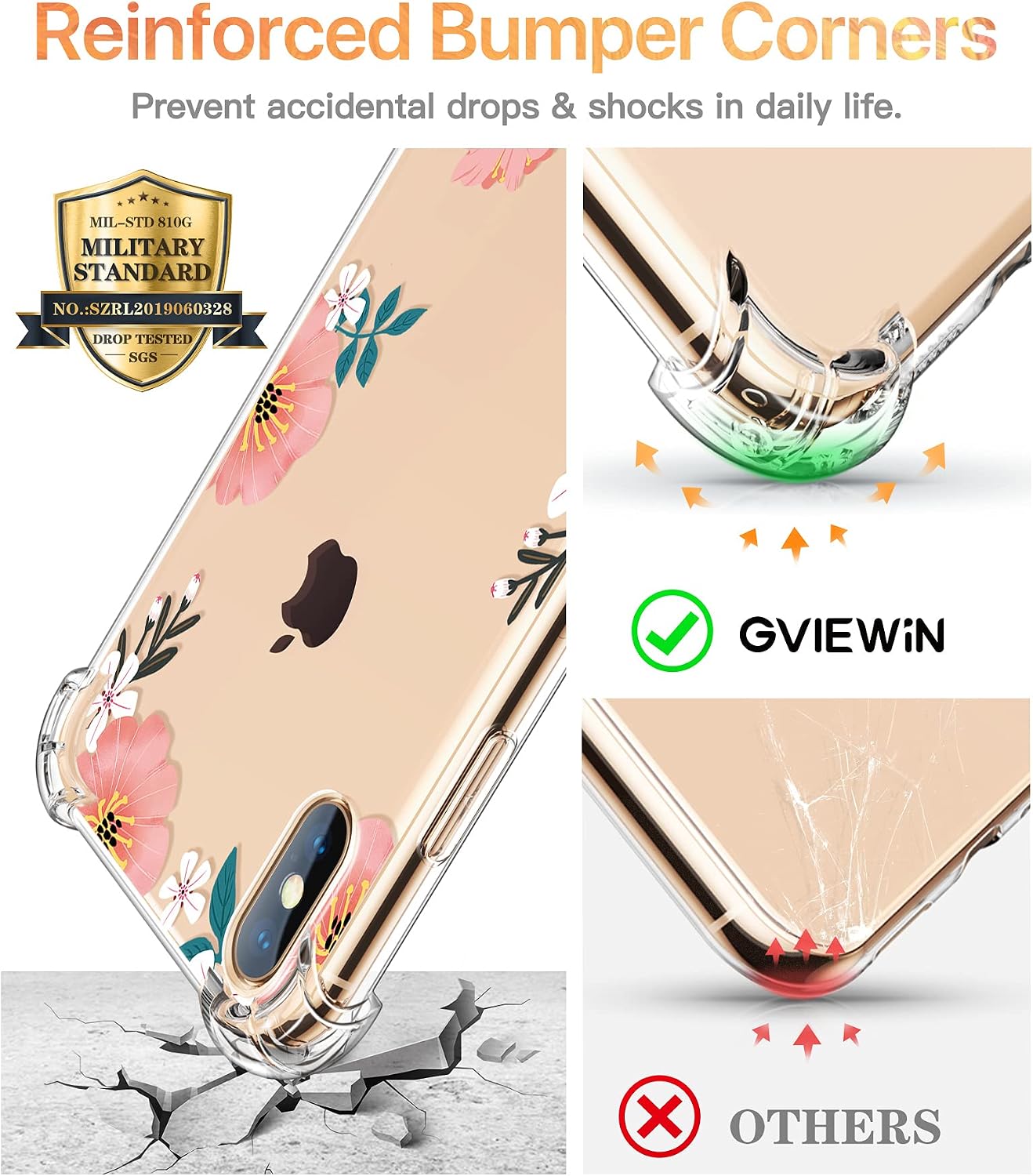 GVIEWIN for iPhone Xs Case/iPhone X Case, Clear Flower Design Soft & Flexible TPU Bumper Shockproof Cover for Women Girls, Cute Floral Pattern Phone Case 5.8 Inch (Summer Blossom/Pink)