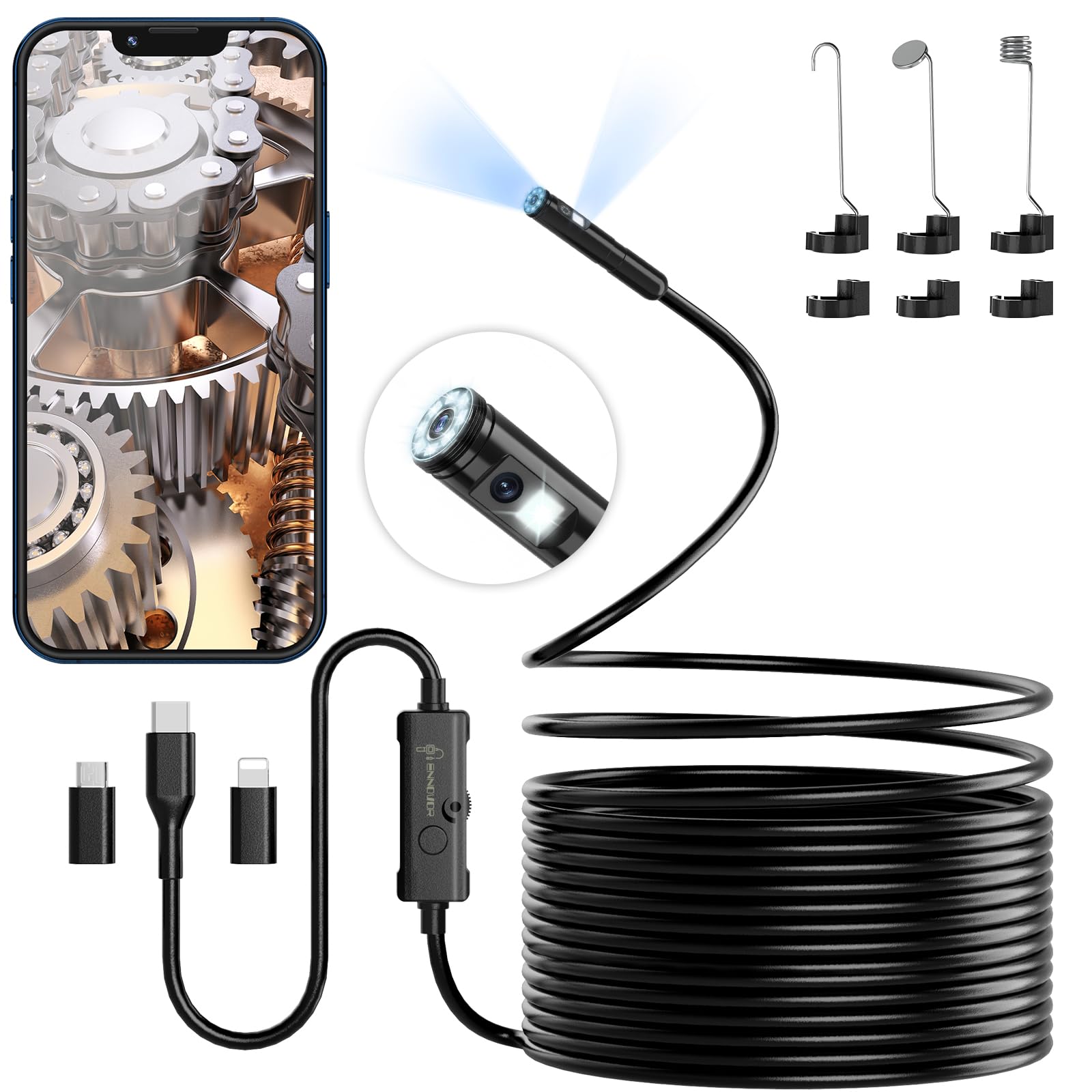 Endoskopkamera mit Licht, 1920P HD Rohrkamera, IP67 Wasserdichtes Endoskop mit 8+1 LEDs, Halbstarres Kabel, Inspektionskamera für Android iOS Handy, Kanalkamera für Abwasserrohre