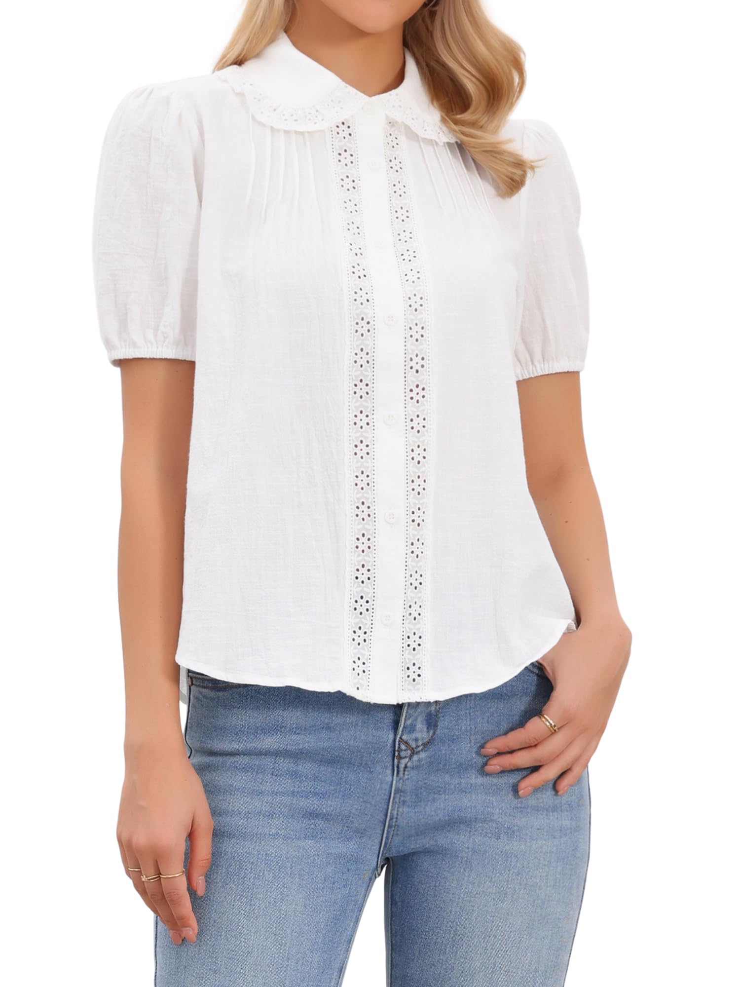 Allegra K Camicetta da donna in cotone con colletto alla Peter Pan a maniche corte | Design del pannello all'uncinAdatto per primavera, estate, autunno, casual, picnic, lavoro, appuntamenti, all'aperto