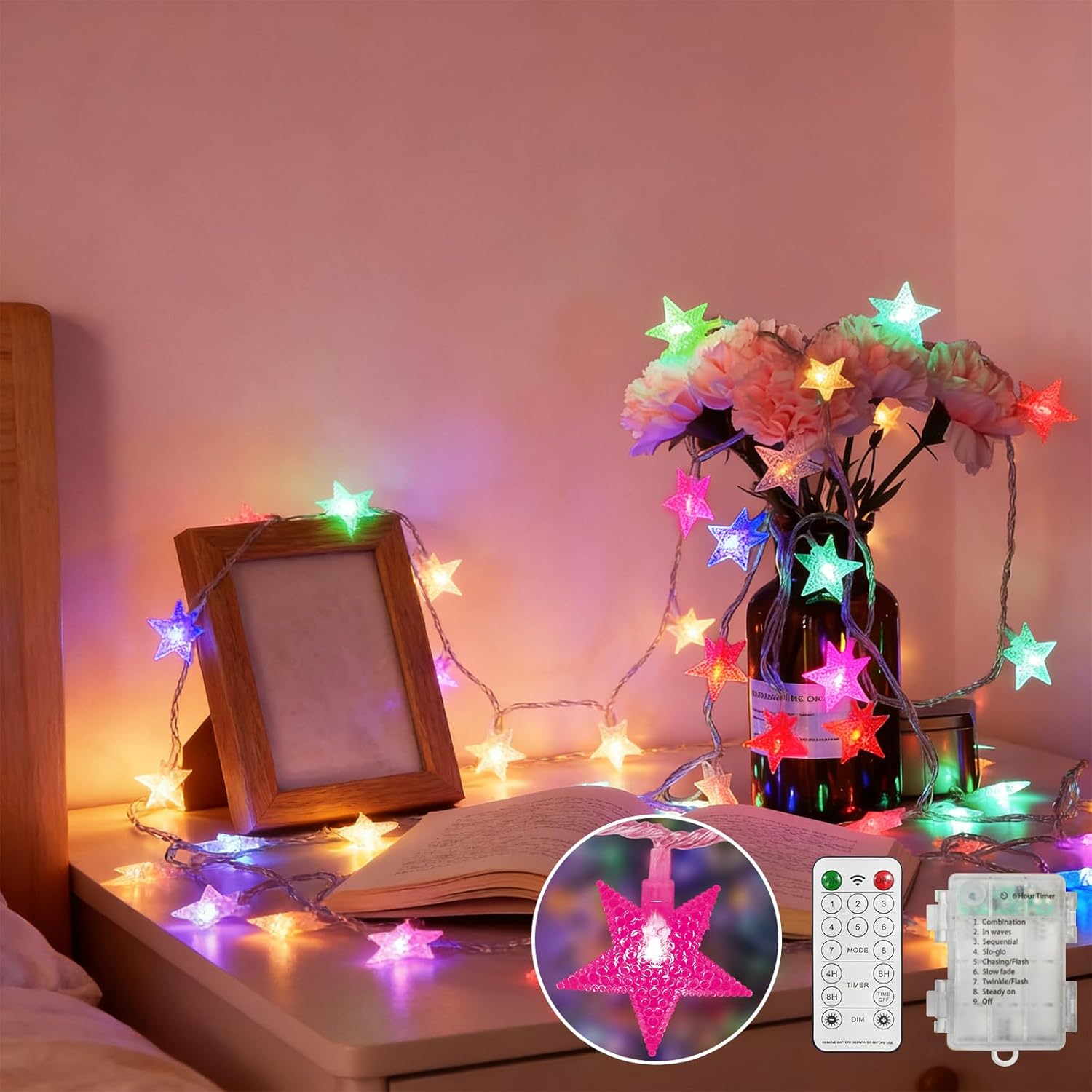 LAMPHOME Multicolor Star LED String Lights, 16ft 50 LED Star Fairy Lights with Clear Wire, 3AA Waterproof 8 Modes & Remote, Decorative Lights for Christmas Easter Tree Bedroom Wedding Party