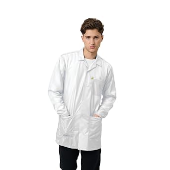 ESD Jacket, Lapel Collar, Snap Cuff, 90% Polyester, 10% Carbon, Level 3 ESD Smock, White, S