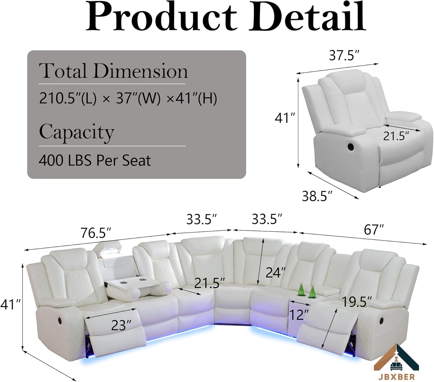 Power Recliner Sectional Sofa Set for Living Room, Leather Recliner Sofa Sets, L-Shaped Corner Sectional Couch Sets with LED Lights, Console Storage(Sectional and Chair,Cream)