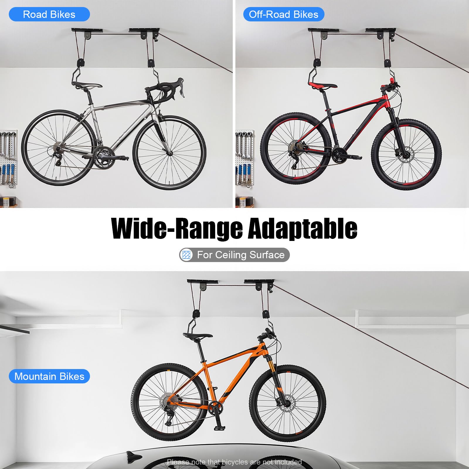 Sollevatore da soffitto per bicicletta da montare al soffitto, gancio universale per mountain bike, robusto supporto per bicicletta con sistema a fune, per riporre e riporre in modo salvaspazio e da